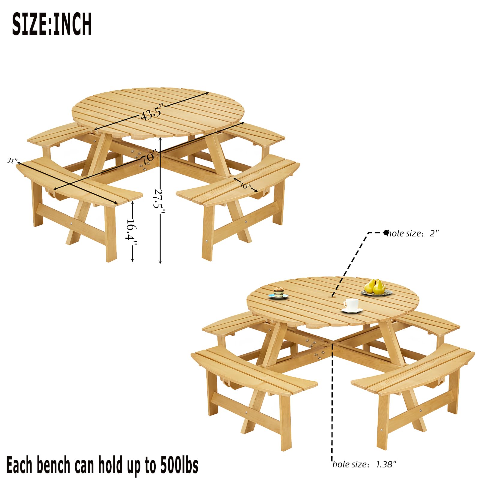 Tavolo da picnic rotondo in legno per 8 persone con 4 panche integrate e foro per ombrellone, per giardino, cortile, portico e patio