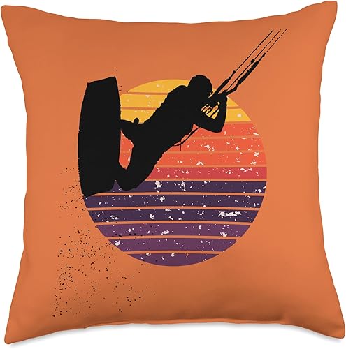 Kitesurf Gifts and Surf Lover Tees by taiche Kitesurfing Action Kite and Surf Silhouette - Almohada retro con diseño de puesta de sol, 18 x 18