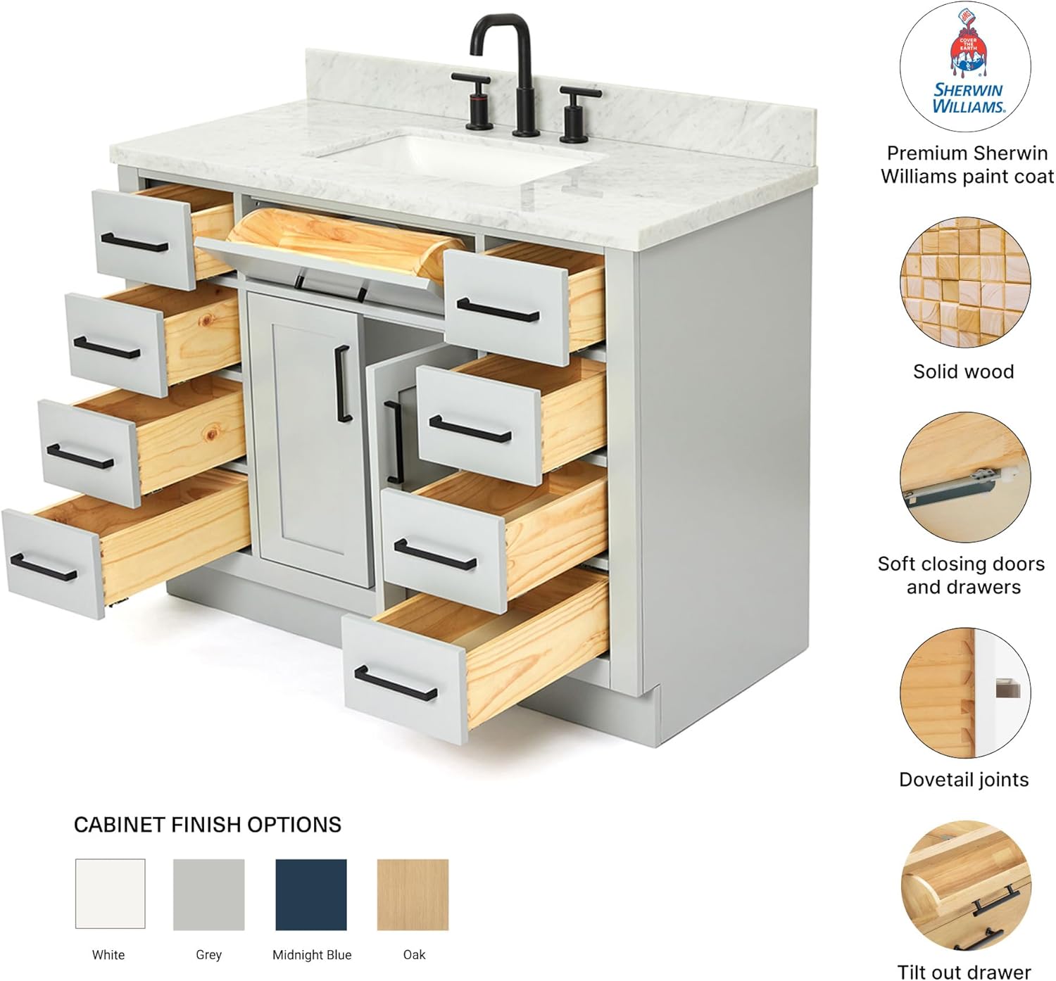 DKB Isabella 42" Gray Single Bathroom Vanity with Sink, 1.5" Edge Italian Carrara Marble Top, Solid Wood Frame, Rectangular Undermount Sink, 2 Soft Closing Doors, 9 Dovetail Drawers