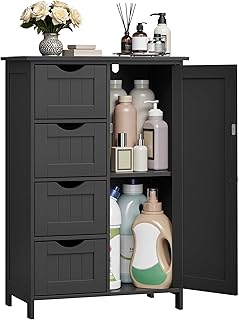 VASAGLE Bathroom Floor Storage Cabinet, Bathroom Storage Unit with 4 Drawers, Bathroom Cabinet Freestanding, with 1 Door, Adjustable Shelf, 30 x 55 x 82 cm, Ink Black LHC041B02