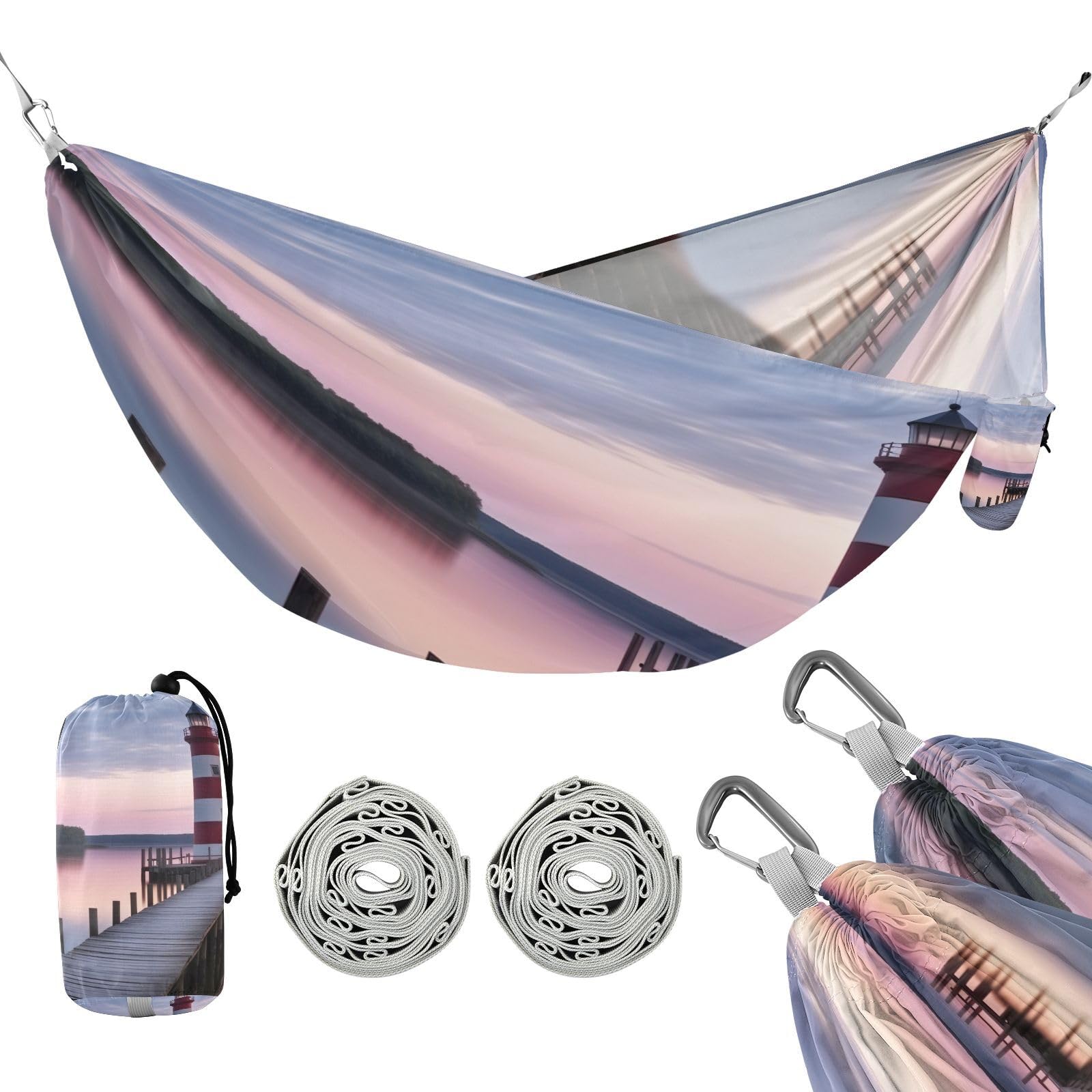 SDMKA Lighted Lighthouse Camping Hammock, 330 lbs with 2 Tree Straps, Carry Bag, Single Portable Hammock for Outdoor/Indoor, Hiking, Beach, Backpacking, Travel