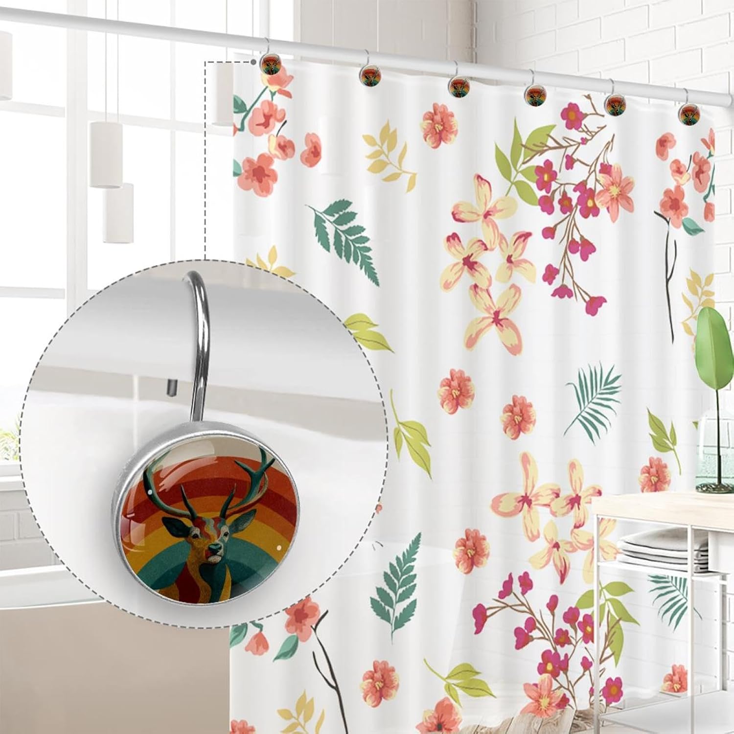 Set of 12 Retro Deer (1) Shower Curtain Hooks, Stainless Steel Shower Hangers for Bathroom, Rustproof Decorative Shower Rings for Bedroom Living Room Shower Curtain Rod