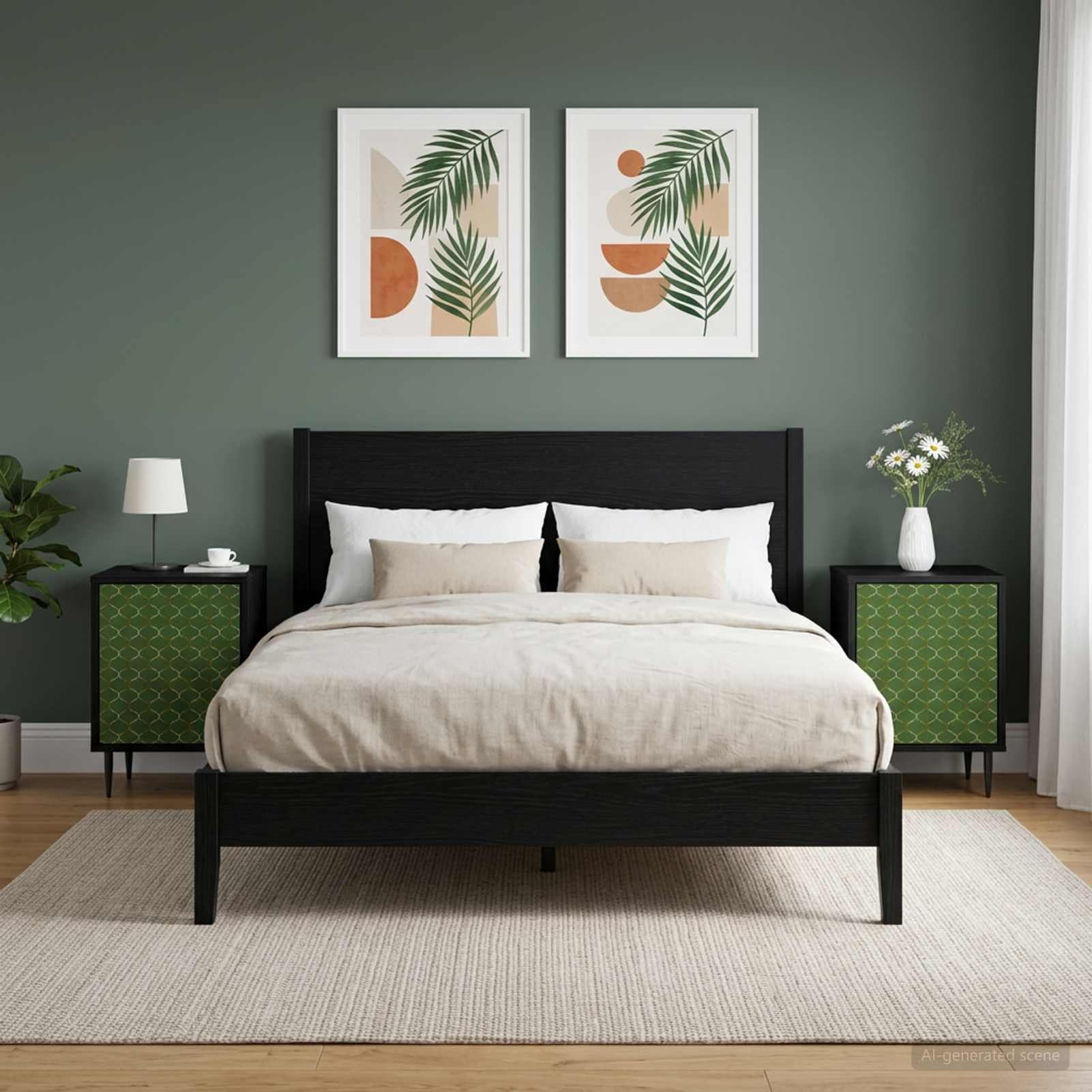 Homgoday 2er Set Nachttische mit 2 Türen Schwarz Eichen-Optik 36x33x51 cm, Moderne Holzwerkstoff-Nachttische mit erhöhten Füßen für Schlafzimmer 8007234