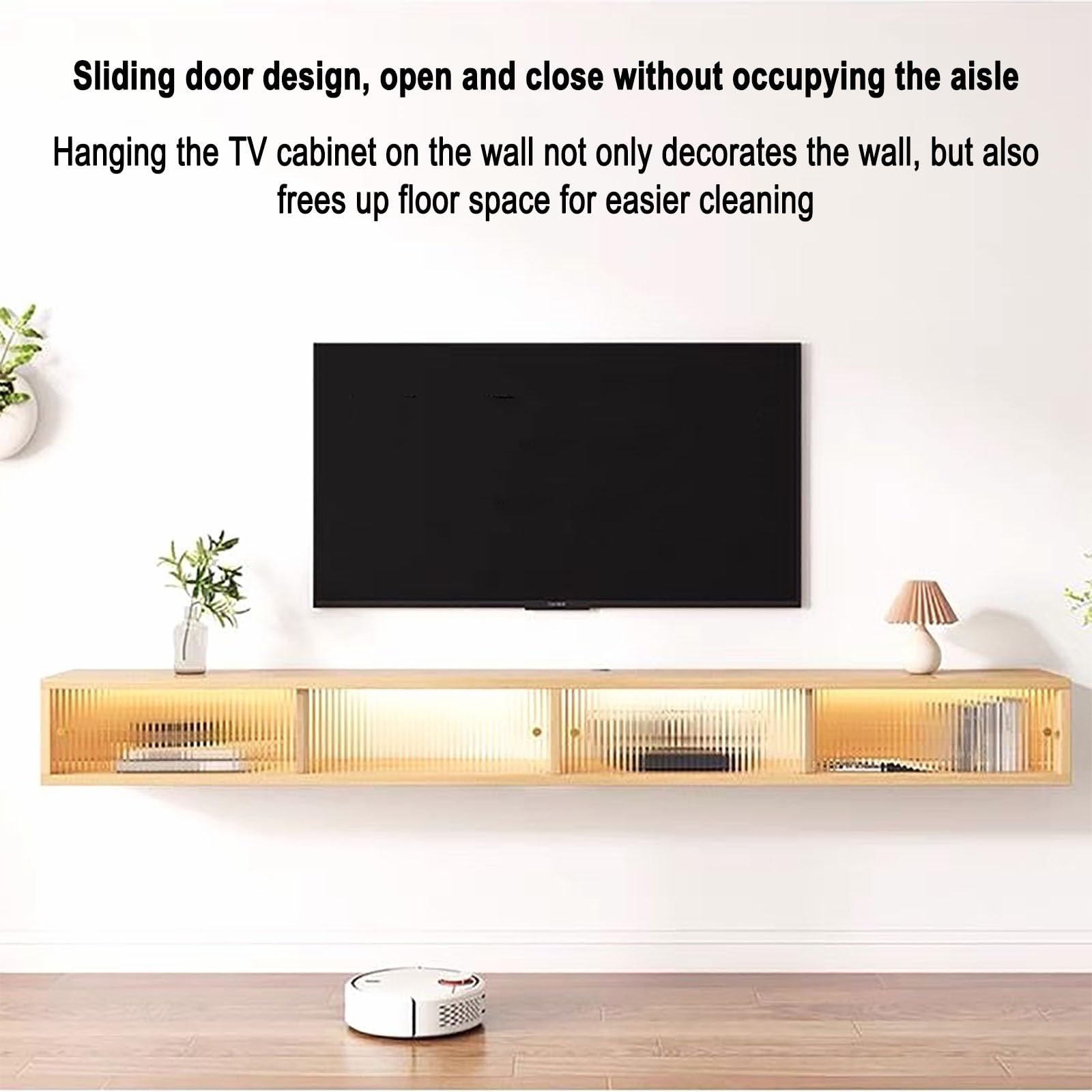 Soporte flotante para TV montado en la pared con estante de almacenamiento de vidrio arcoíris, centro de entretenimiento moderno para sala de estar, elegante decoración del hogar, diseño de ahorro de