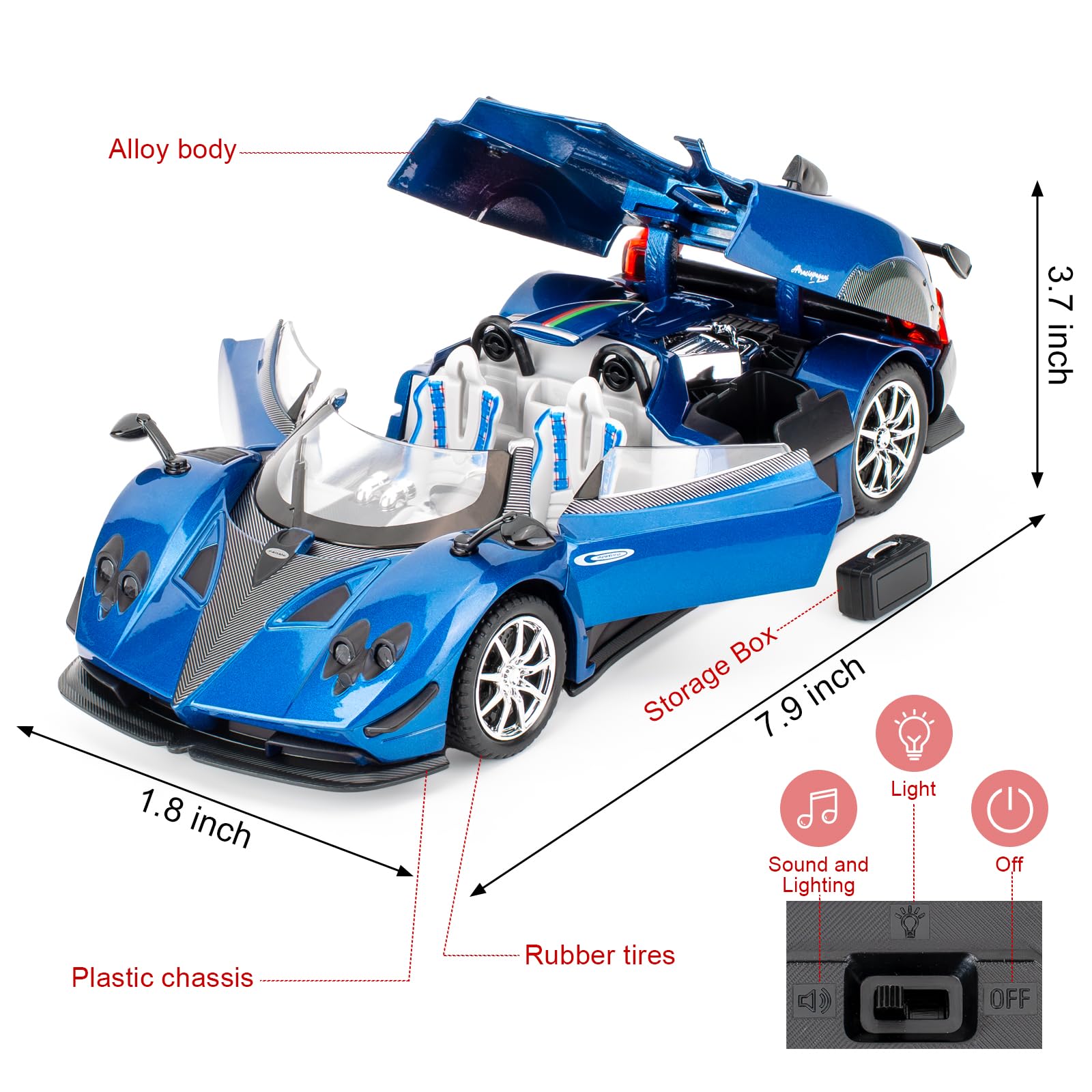 TGRCM-CZ Modellino auto Pagani Zonda HP Barchetta in scala 1/24, modello di auto a trazione posteriore in lega di zinco con suono e luce per collezionisti e bambini di età superiore a