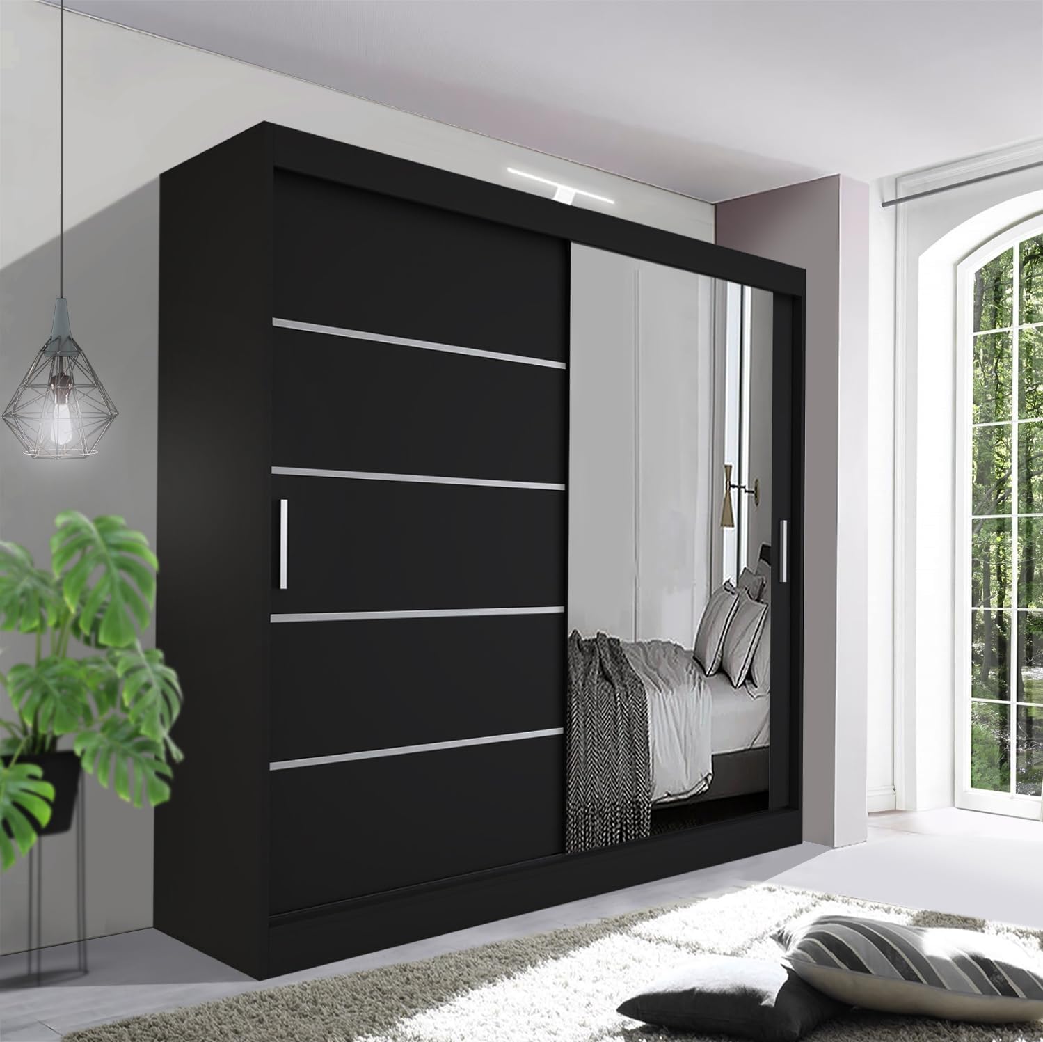 Contemporary Bedroom Sliding Wardrobe with LED Light - Spacious and Stylish Design comes in White/Grey/Black/Oak and Width 120cm/150cm/180cm/203cm/250cm (Black, 203cm)