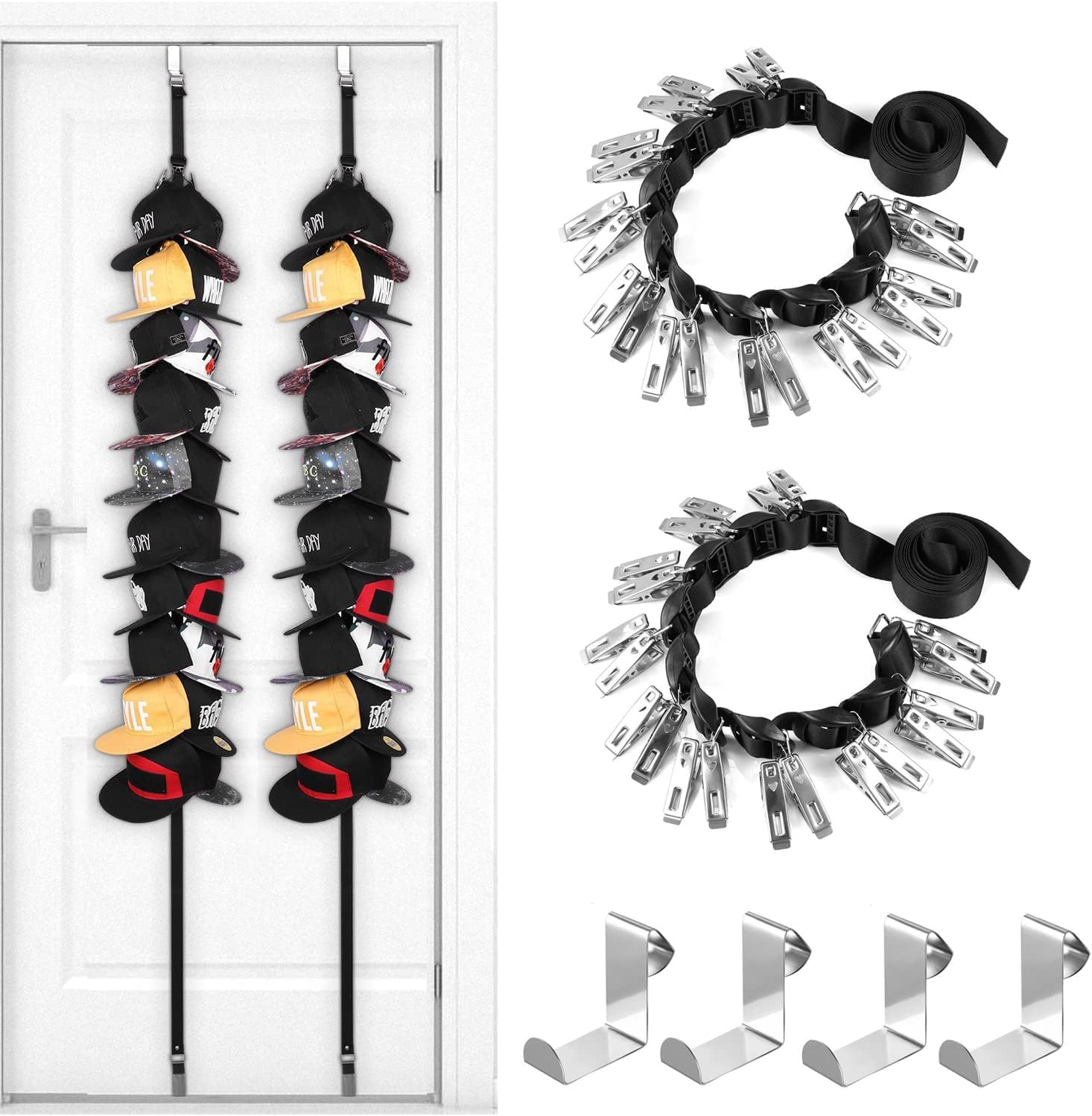 TERRIFI Hat Racks, Wall or Door Cap Storage, 2 Straps Hold Up to 40 Caps for Hat Storage & Ballcap Caps Display Holder, Complete with Over Door Hooks
