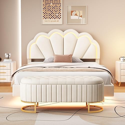 Cama de plataforma LED tapizada de terciopelo de tamaño matrimonial con otomana de almacenamiento, juegos de dormitorio de 2 piezas, elegante cama