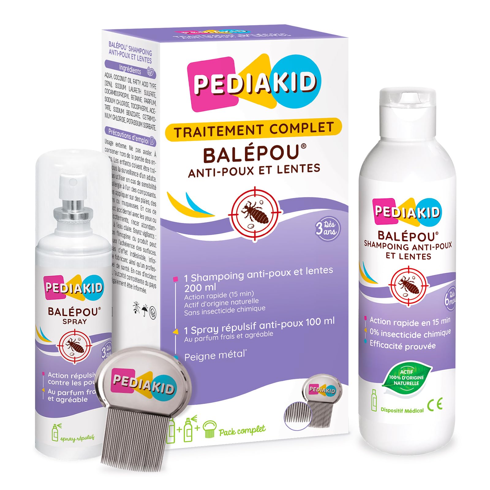 PEDIAKID - Traitement complet Balépou® anti-poux et lentes - 1 Shampoing Anti-Poux et Lentes 200 ml + 1 Spray Répulsif 100 ml + 1 peigne