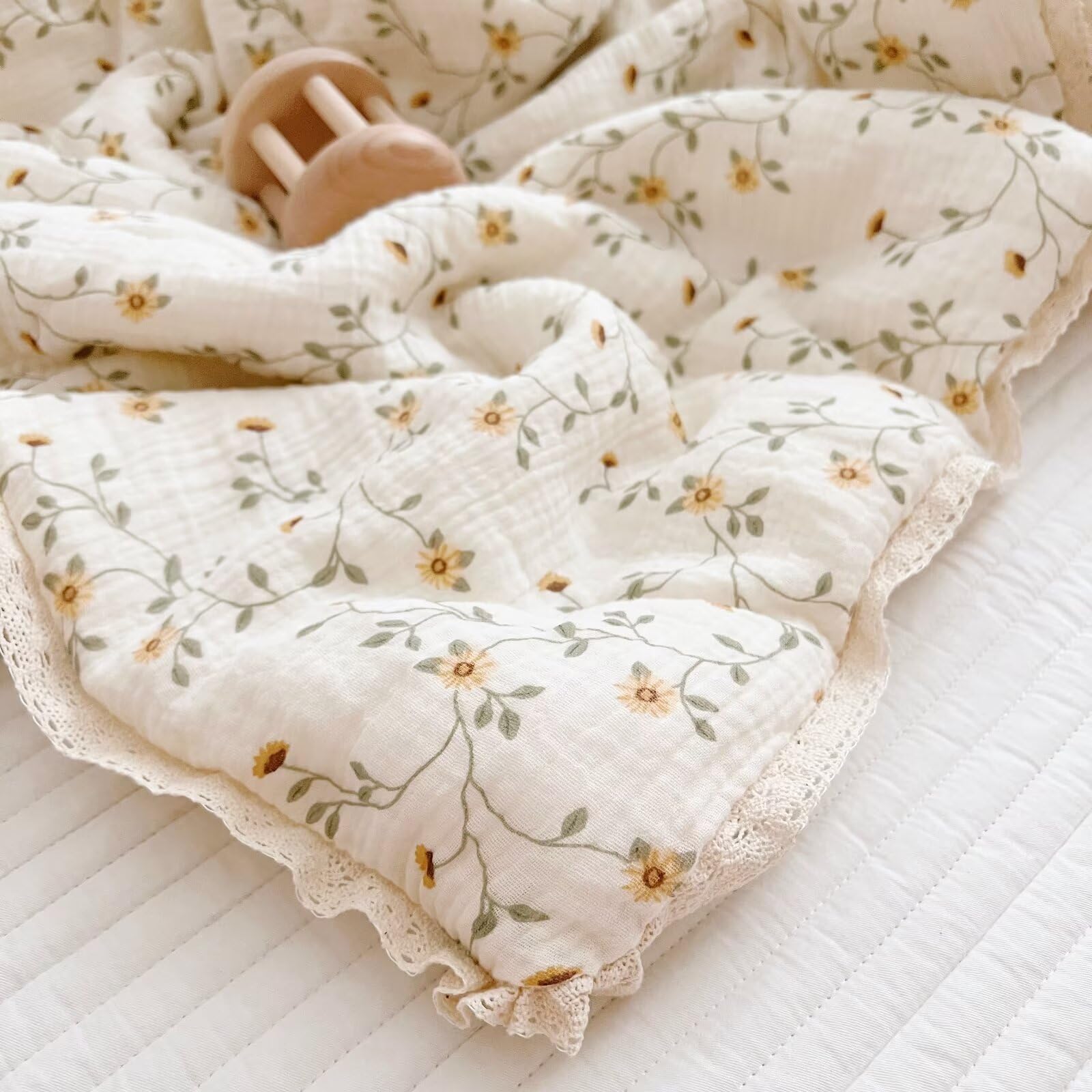 BuLuTu Edredón de muselina para bebé, lindo edredón para cuna, mantas de muselina suave y ligera para niñas y niños, patrón de flores silvestres, 47 x 59 pulgadas