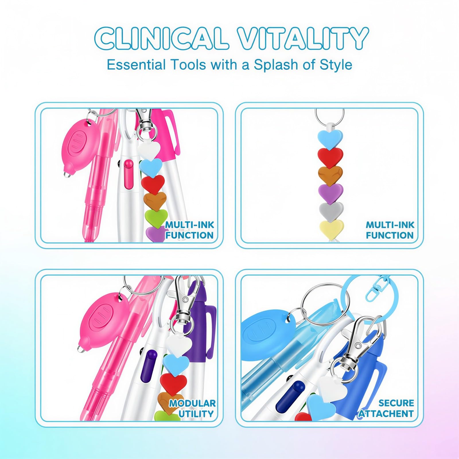 Stylo badge pour infirmières, lot de 3, stylo bille rétractable avec clip porte-clés, marqueur permanent, mini lampe LED, décor perles cœur, cadeau pour étudiants infirmiers, 3 couleurs