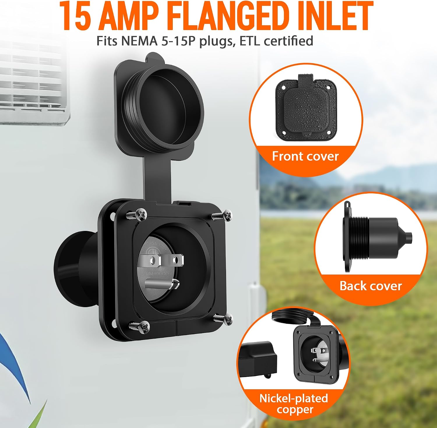 15 Amp Flanged Inlet 125V, NEMA 5-15 RV Shore Power Inlet Plug with Waterproof Cover, 2 Pole 3-Wire AC Port Plug Generator Male Receptacle for RV Marine Boat RV Shed Electrical Extension