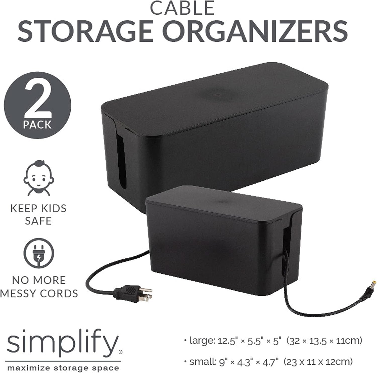 Black Rectangular Lidded Cable Organizer Storage Bin Set