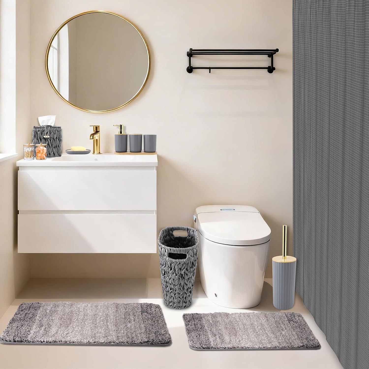 Bathroom Accessories Set, 25PCS Wicker Bathroom Accessory Set with Shower Curtain, Bath Mat, Soap Dispenser, Handwoven Trash Can & Ratten Tissue Box (Grey, Bath Set+Shower Curtain+Rugs)