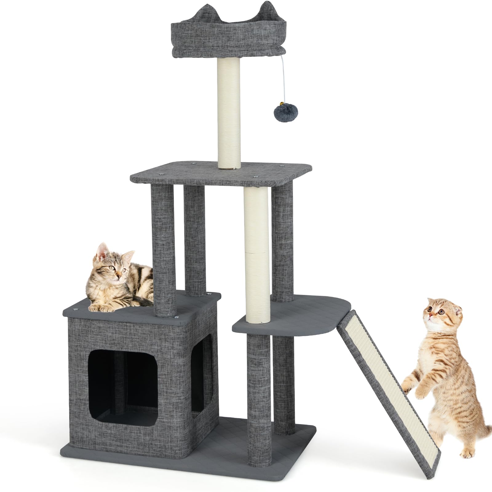 COSTWAY Tiragraffi per Gatto Alto 117 cm, Albero Tiragraffi Gatto con 5 Piattaforme, 2 Pali Sisal e Pallina Pompon, Torre Tiragraffi per Gatti con Grotta e Trespolo, Grigio