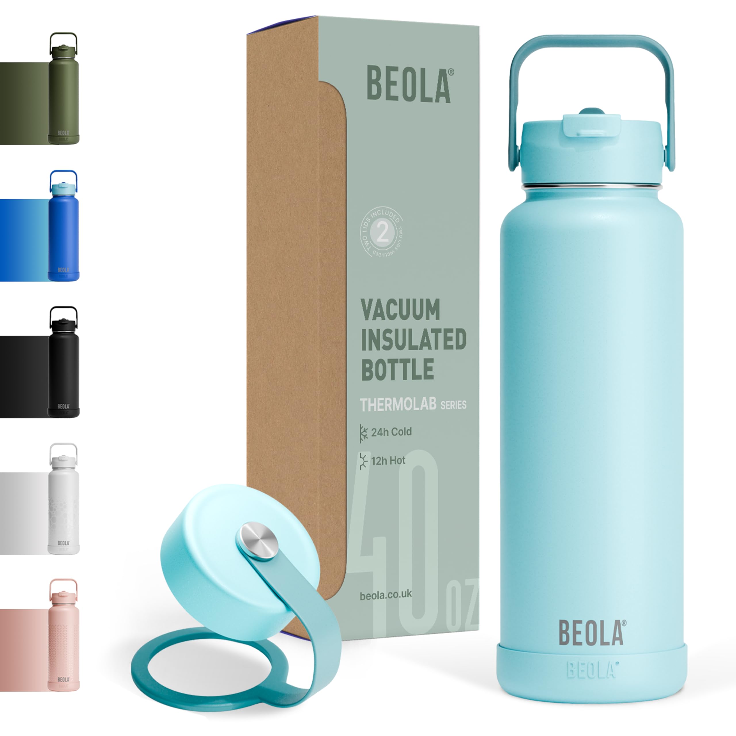 BEOLA 1200ml Water Bottle 18/8 Stainless Steel 304 Double Wall Insulated Thermos Bottle with a wide mouth, 2 lids included, Hot Cold Liquids Sports Bottle, 40oz (Sage Mist)