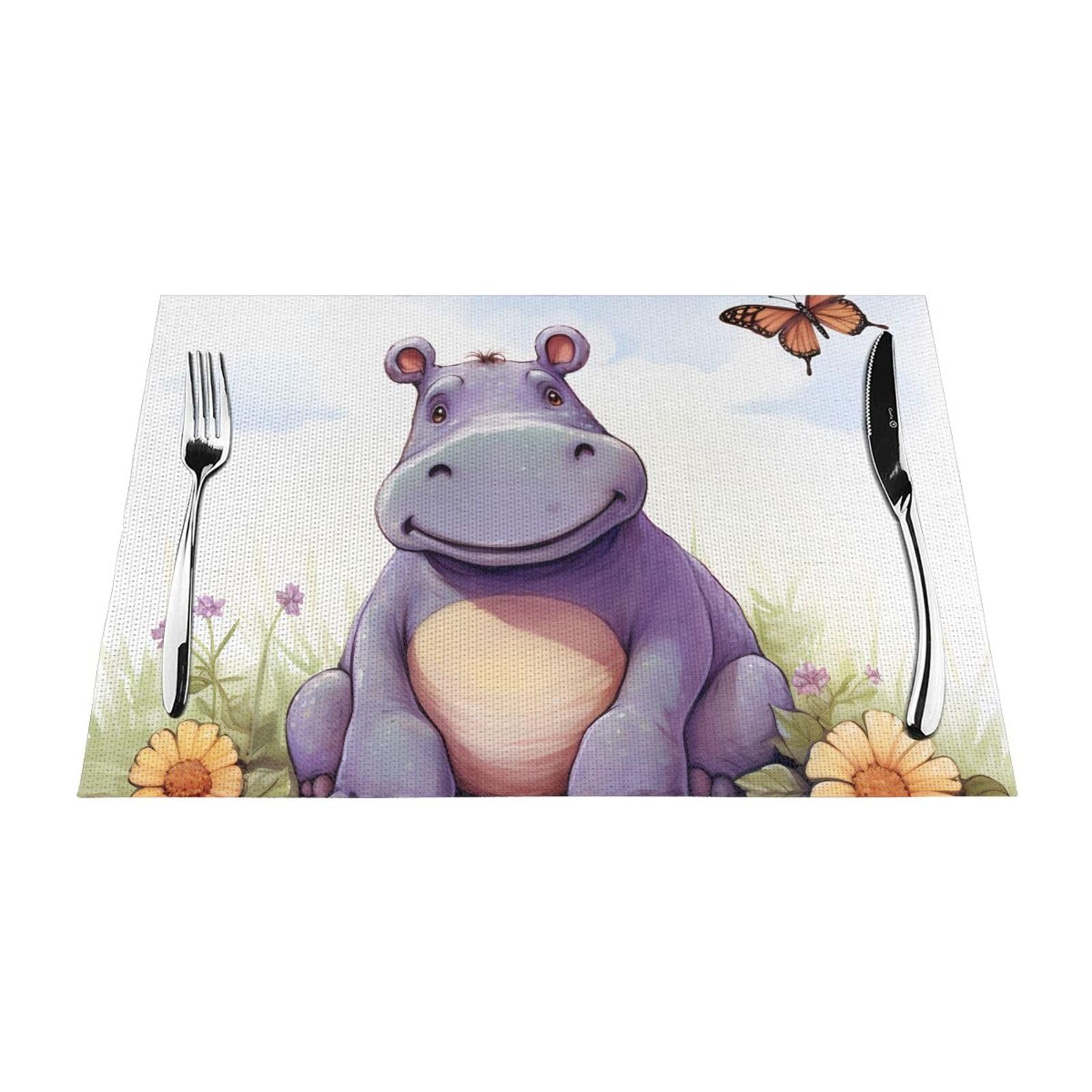 Butterfly and Hippo Placemats Set of 1 - Woven Vinyl Kitchen Table Placemats - Heat Resistant Non-Slip Place Mats for Dining Table, Washable Indoor Outdoor Table Mats 12x18 Inch