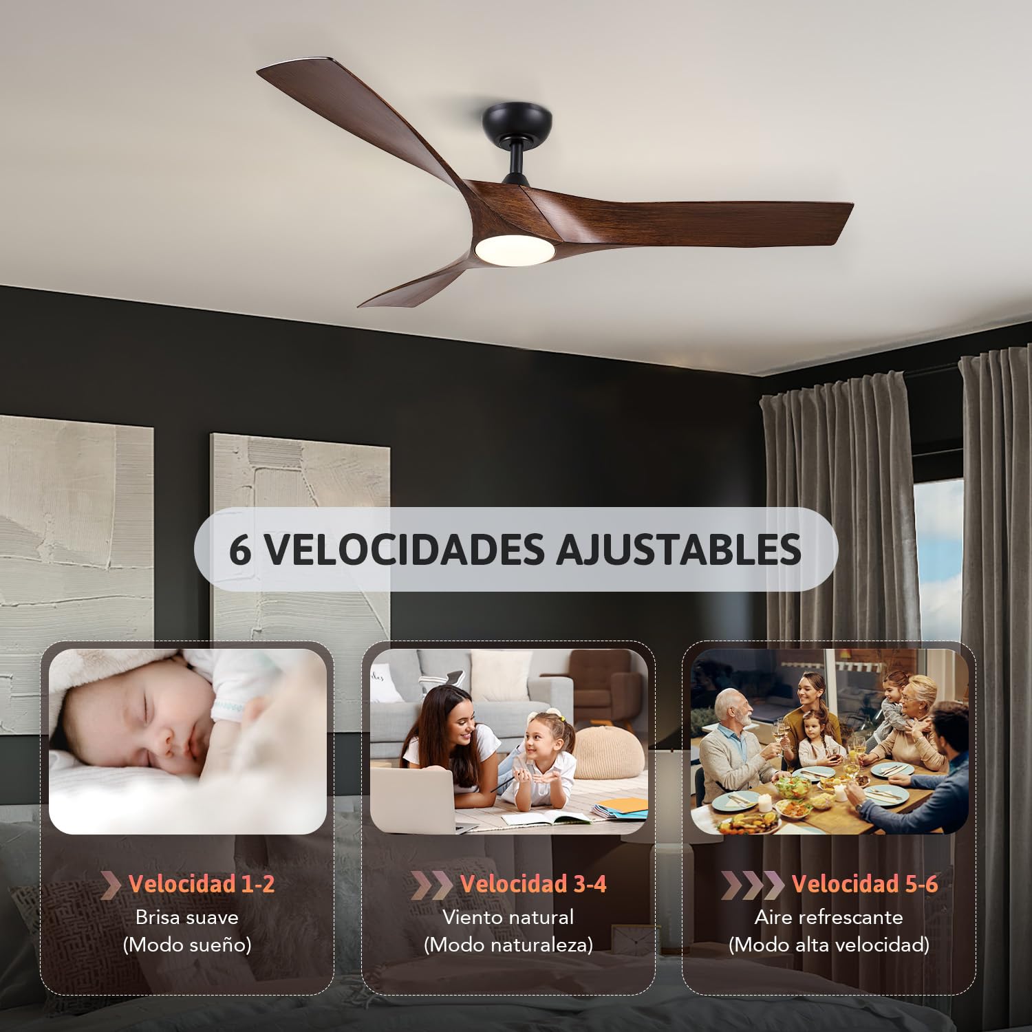 VONLUCE Ventilador de Techo con Luz y Mando a Distancia, 132 cm, 3 Aspas, Motor DC Reversible Silencioso de 6 Velocidades, Ventilador de Techo para Estudio, Patio, Marrón Oscuro