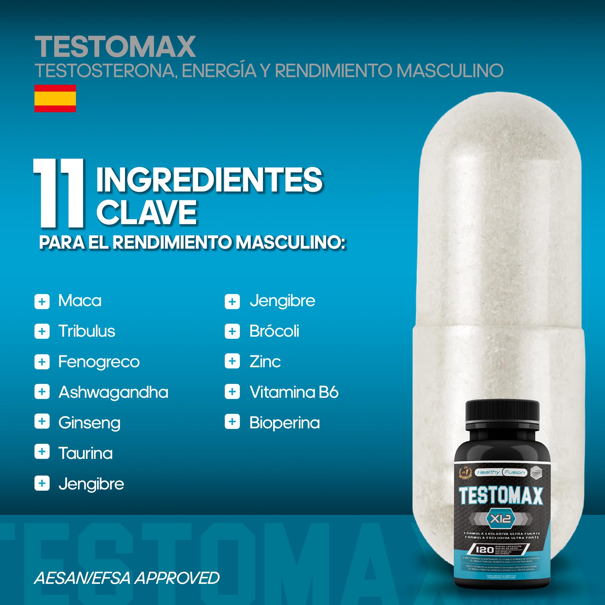 Healthy Fusion TestoMax | Booster de Testosterona Energizante | Maca, Ginseng, Tribulus, Taurina y Vitaminas | Aumenta la masa muscular | Acción quemagrasas y vigorizante | 120u