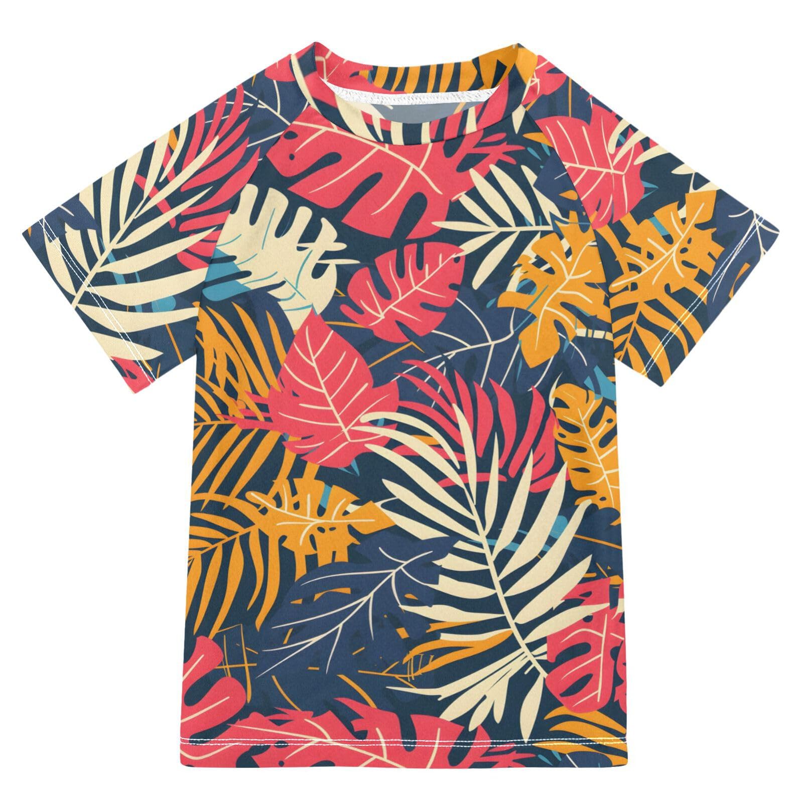 ALAZA Boys Swim Shirt Short Sleeve Rash Guard for Boys Girls UPF 50+ Tropical Ethnic Leaves 9-10T
