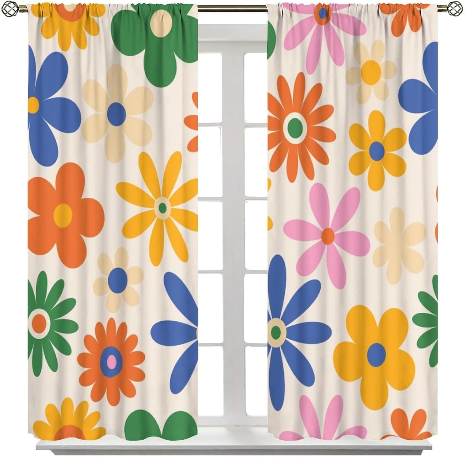 Retro 70s Groovy Floral Curtains Vintage Hippie Colorful Daisy Flowers Pattern Blackout Print Rod Pocket Window Drapes for Bedroom Living Room 42x54in