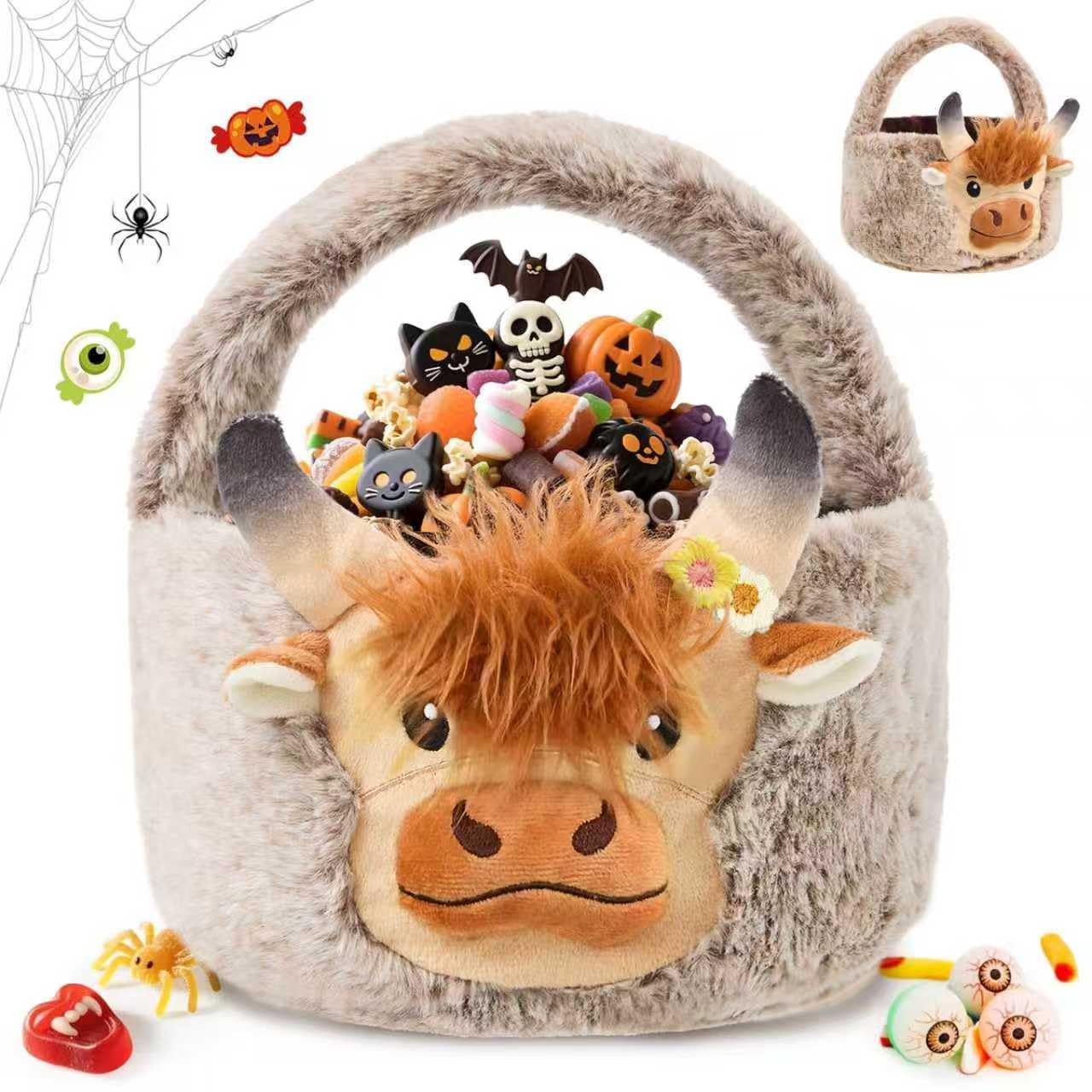 Easter Basket, Soft Highland Cow Plush Baskets, Easter Egg Hunt Buckets, Easter Decorations Indoor Outdoor, Cute Easter Gifts for Kids, Adults, Teens,