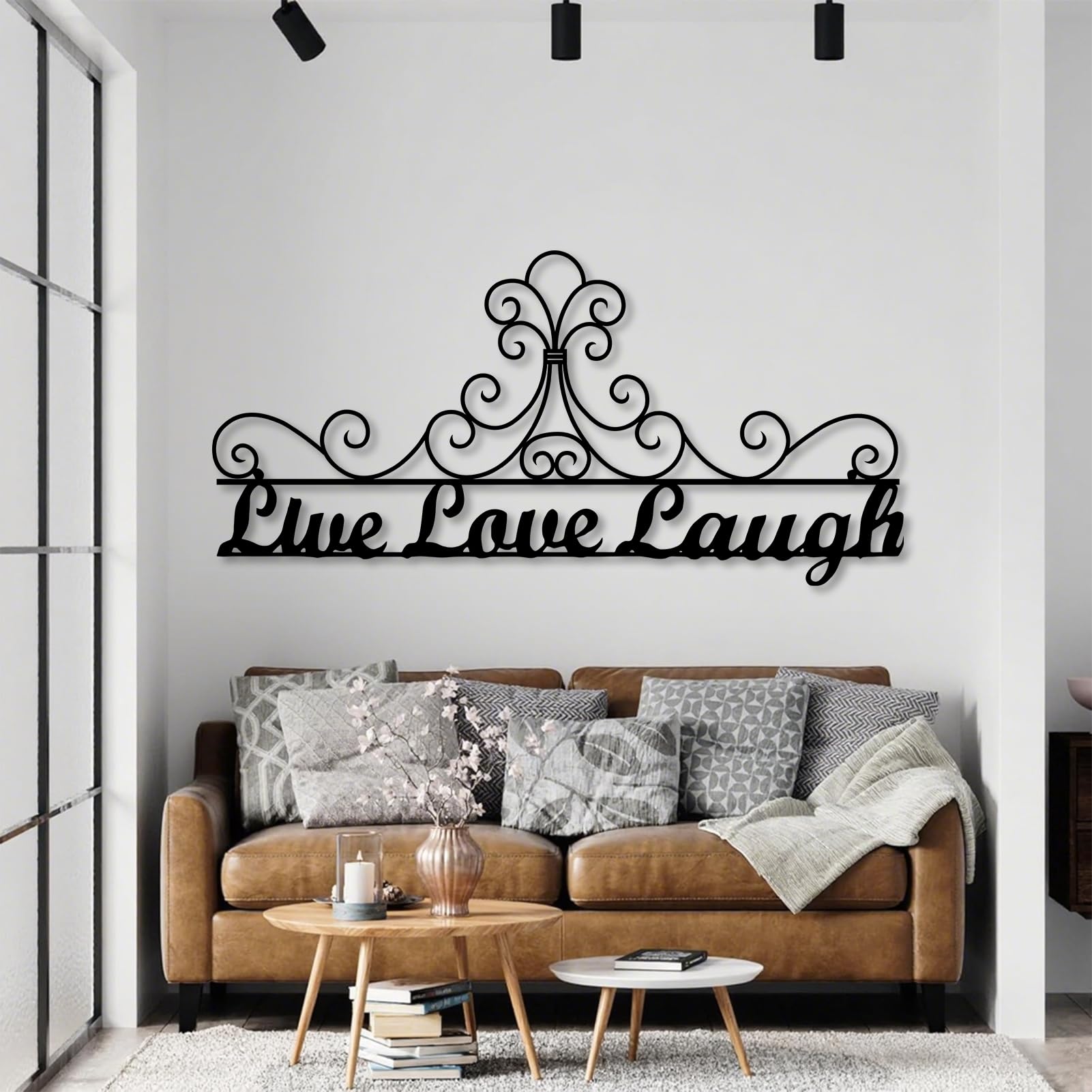 Metallo Argento Live Love Laugh Wall Art Metallo Ornato Scroll Boho Arte Moderna Decorazione Parete Live Love Laugh Opera d'Arte Decorazione Scultura Moderna per Soggiorno Camera da Letto Corridoio e