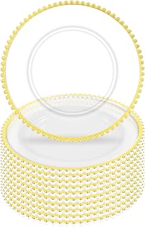 10Pcs Clear Charger Plates Bulk Wedding - 13" Premium Clear Plastic Chargers with Gold Beaded Rim,Decorative Dinner Charger Plates for Events & Parties