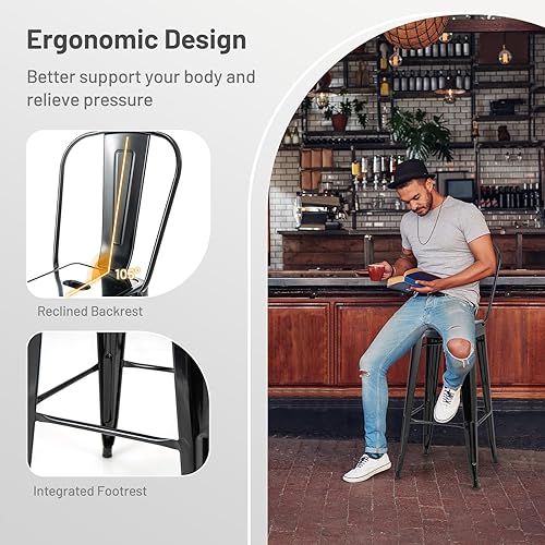 Miniatura 4 de Giantex Juego de 4 taburetes de bar de metal, 30 pulgadas de altura de barra, modernos taburetes de bar industriales con respaldo extraíble y
