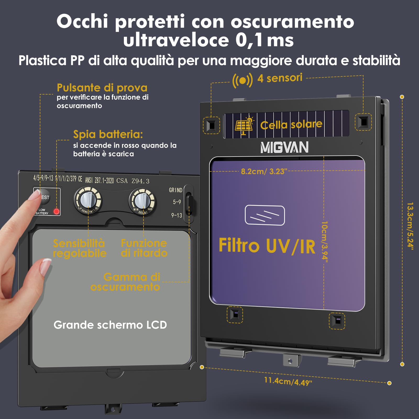 Maschera Saldatura Autoscurante 0,1 ms di oscuramento automatico ultra rapido, True-Color, 100×82 mm, solare batteria, DIN 4/5-9/9-13, Casco Saldatura MIG TIG MMA ARC Smerigliatura H21