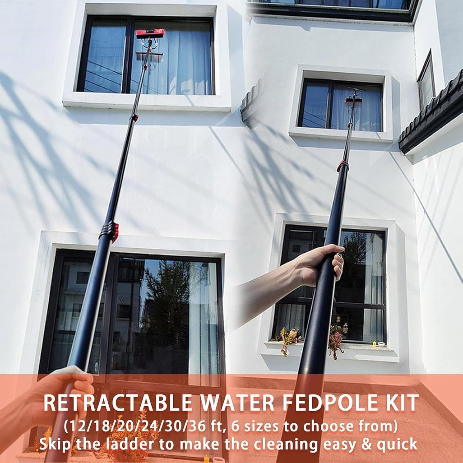 Cepillo TelescóPico para Limpieza De Ventanas con AlimentacióN De Agua Y Escobilla De Goma, Kit De Cepillo para Invernadero con Panel Solar Y Manguera De 20 M(6m/19ft&Head35cm)