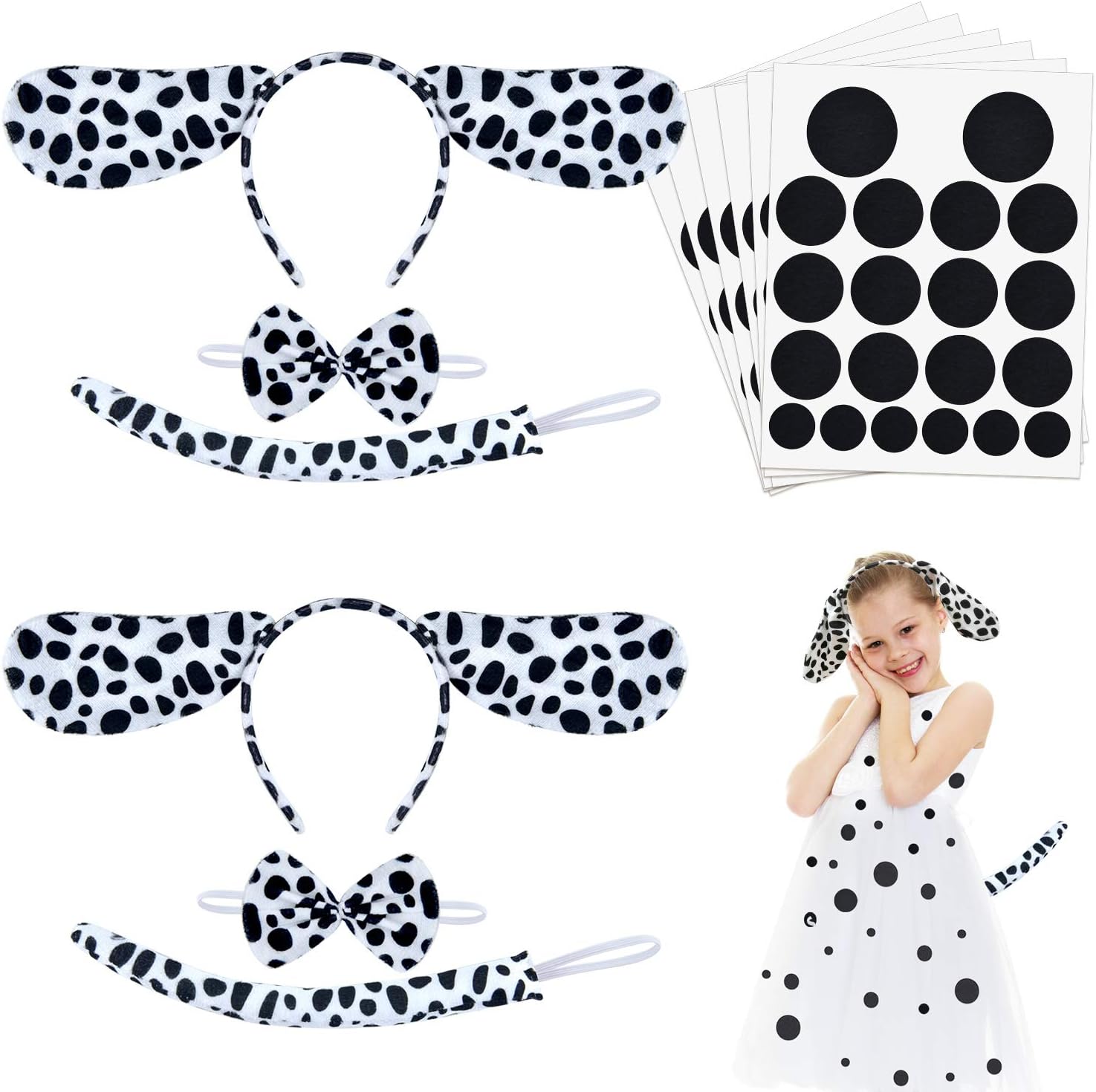 Coopay 6 Pieces Halloween Christmas Dalmatian Costume Set with Dog Ear Headbands, Bow Tie, Tail and 120 Pieces Black Adhesive Felt Circles for Christmas New Year Cosplay Costume Party Decoration