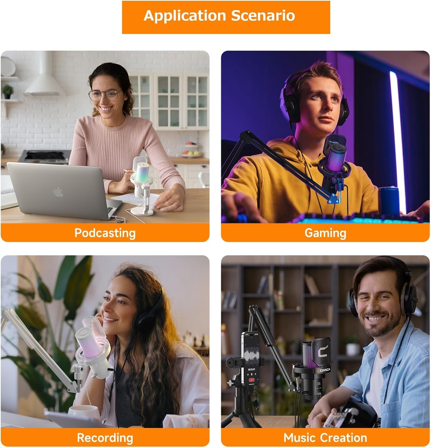 Four panels showing the microphone being used for podcasting, gaming, recording, and music creation.