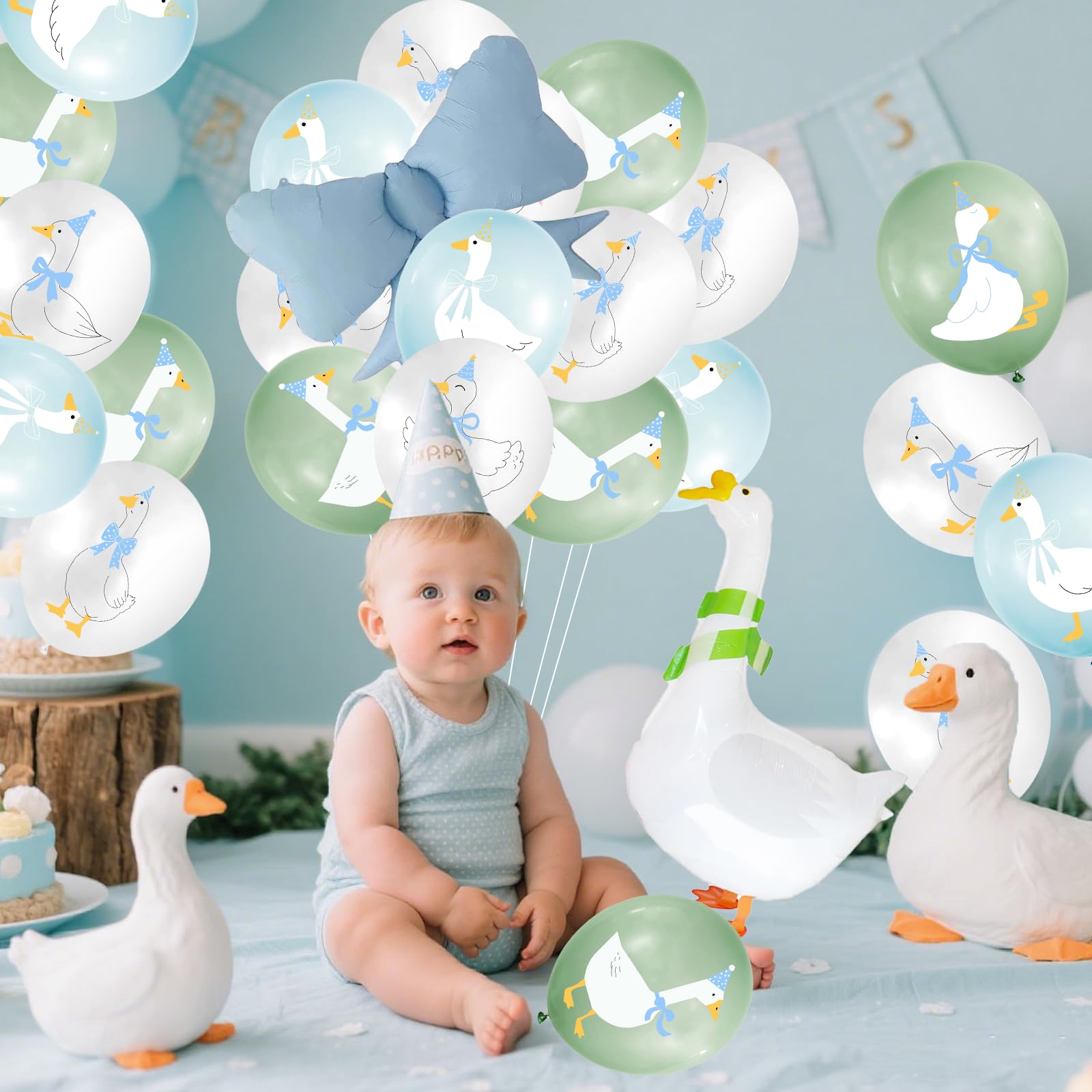 Balony z motywem ej gęsi: lateksowe balony z kokardą, gęś, jedna a gęś, dekoracja urodzinowa, chłopiec, a gęś, dekoracje urodzinowe na baby shower, zestaw łuków balonowych, niebieskie