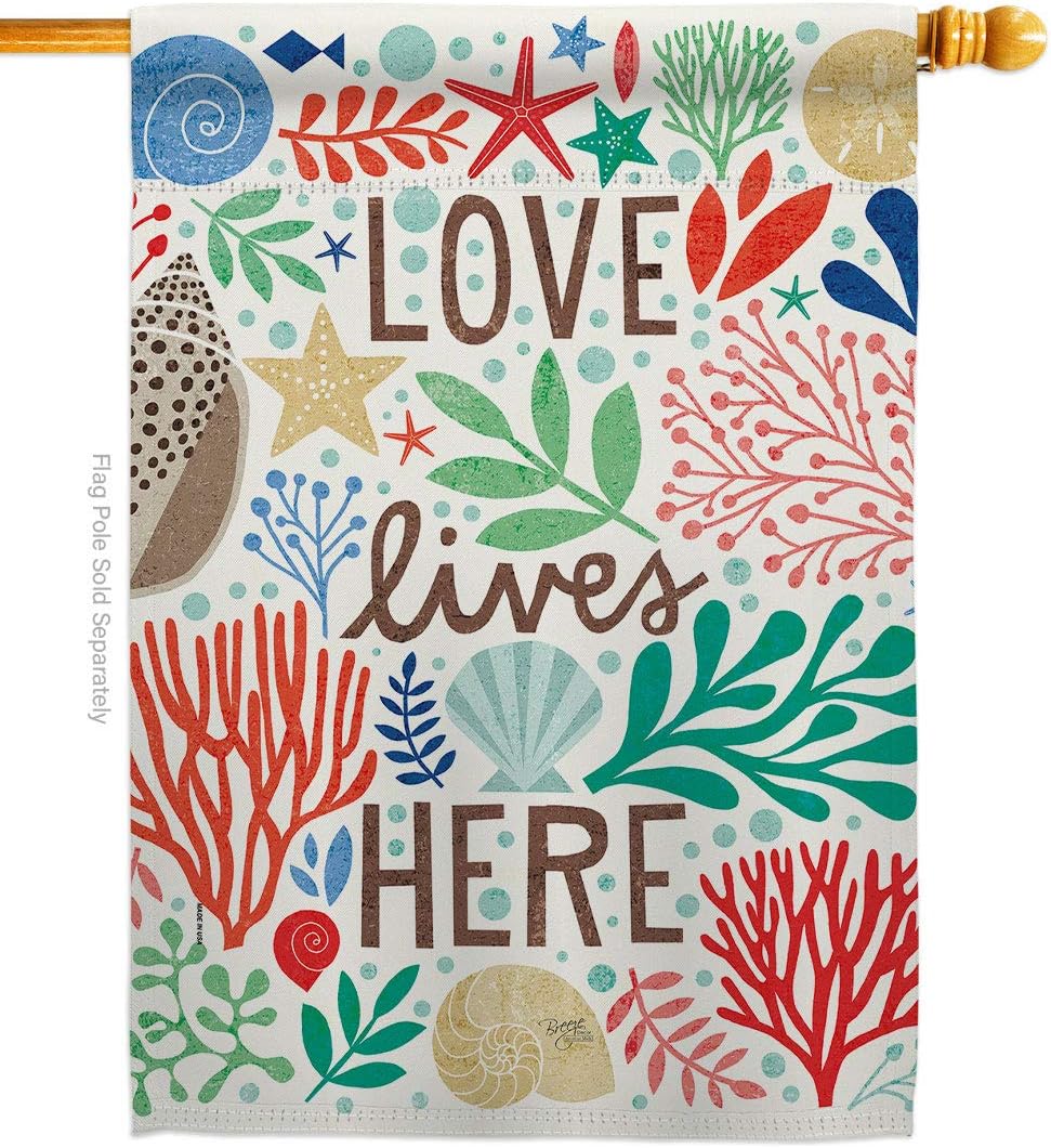 Love Lives Here House Flag Coastal Beach Tropical Sea Shells Ocean Sand Outdoor Summer Coral Small Decorative Gift Yard Banner Made In USA 28 X 40