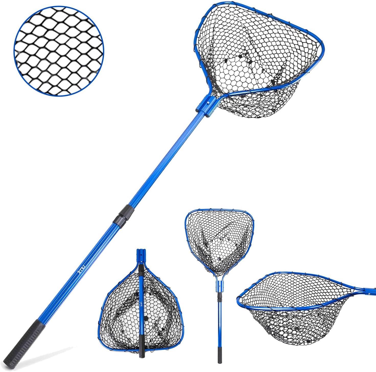 UMT Telescopic Fishing Landing Net (3.6–5 ft) — 17" x 19" Large Hoop, 10" Deep Silicone Rubber Mesh, Tight Fit, for Freshwater & Saltwater, Blue