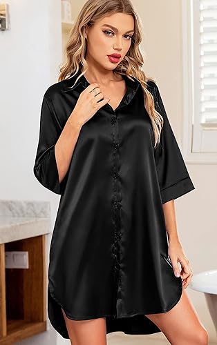 Miniatura 2 de Samring Camisones de seda para mujer, manga 34, con botones, camisola de satén para dormir
