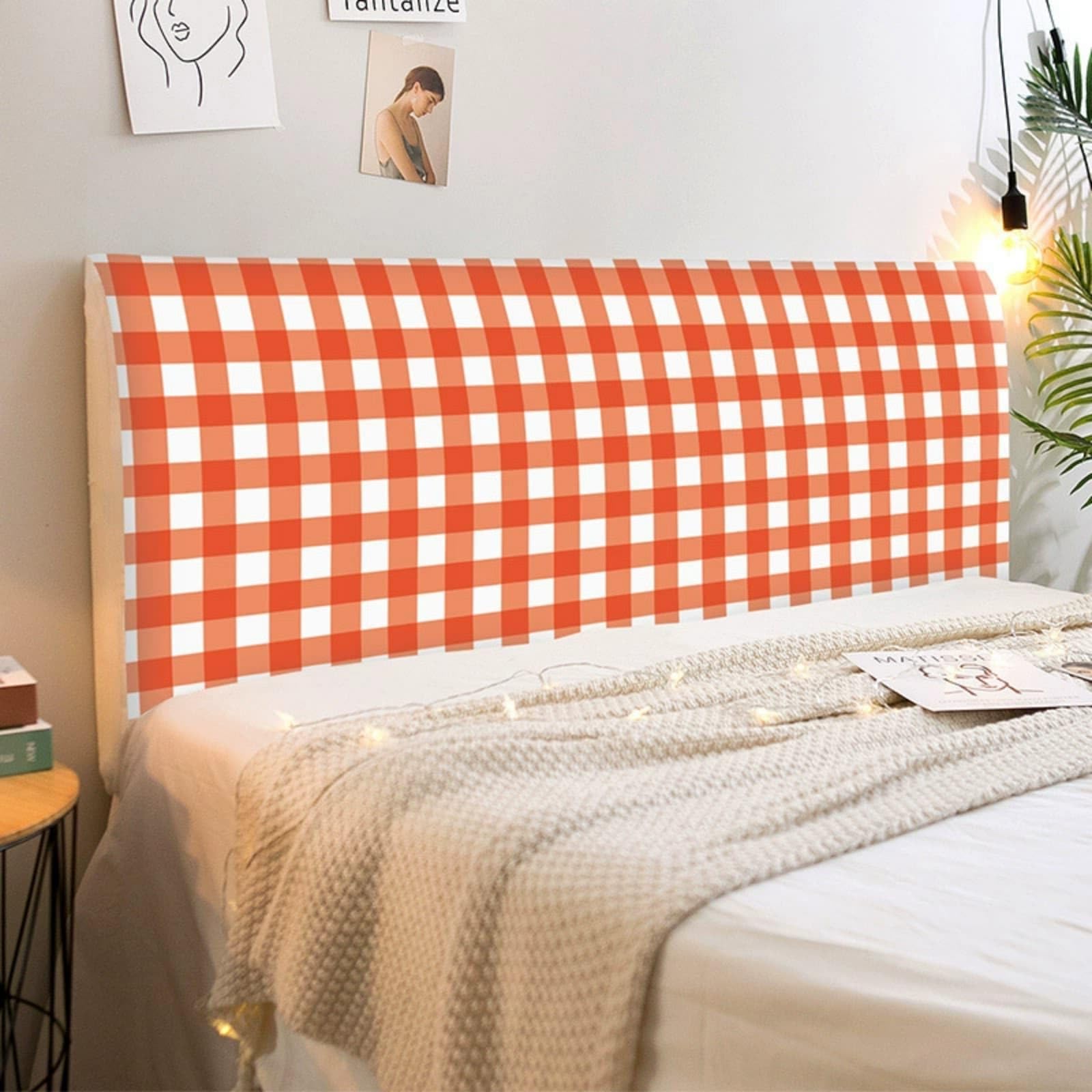 Mateju Bed Headboard Cover, Bed Headboardcover Stretch Headboard Covers Dustproof Modern Elastic Universal 120-220cm Plaid Gingham Style Head Board Slipcover All-Inclusive (Orange,150cm)