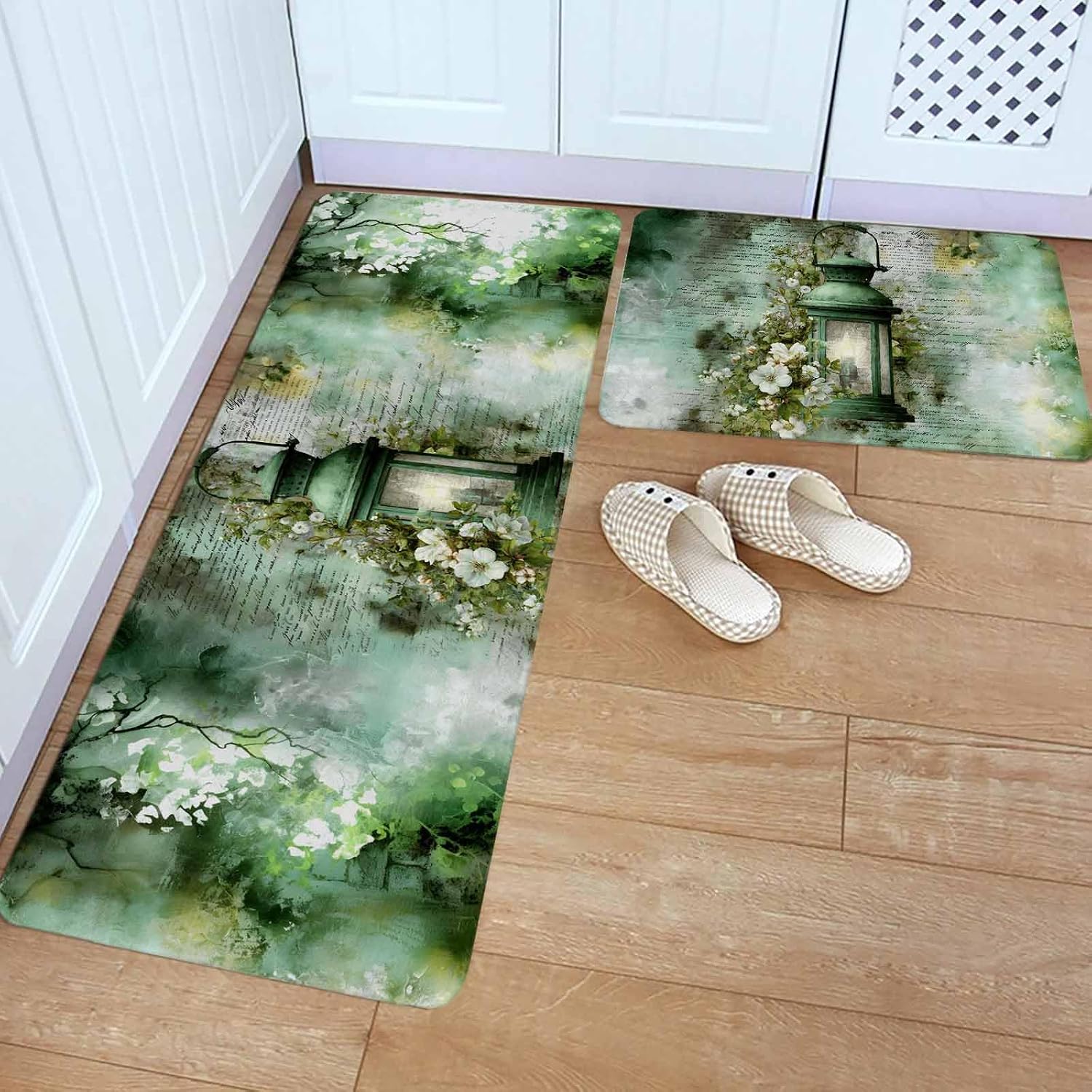 Vintage Oil Light Kitchen Rugs and Mats Set of 2, Non-Slip Kitchen Sink Mat, Spring White Flowers Green Leaves Washable Doormat Bathroom Rugs Runner for Bedroom/Living Room 17.7"x30"+17.7"x47.2"