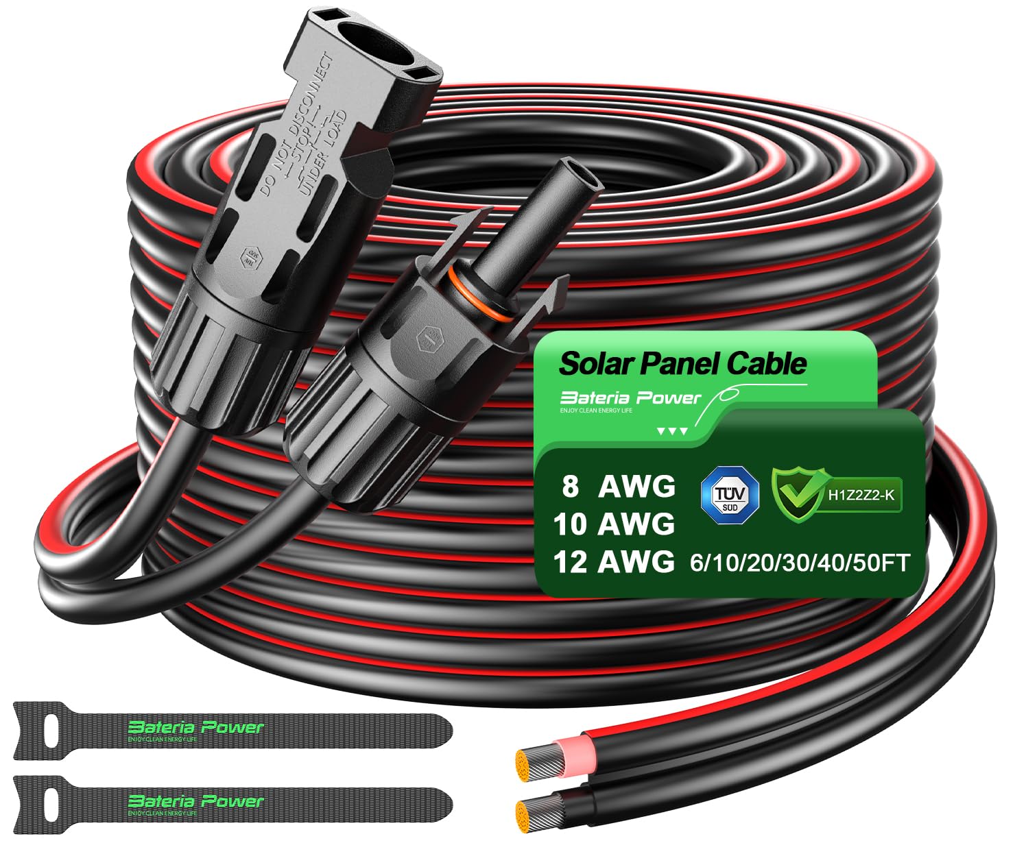 Bateria Power Cable de extensión solar de 2 conductores con conectores hembra y macho impermeables, cable combinado organizado 2 en 1 cables de panel adaptador solar (rojo y negro, 20 pies, 10 AWG (6