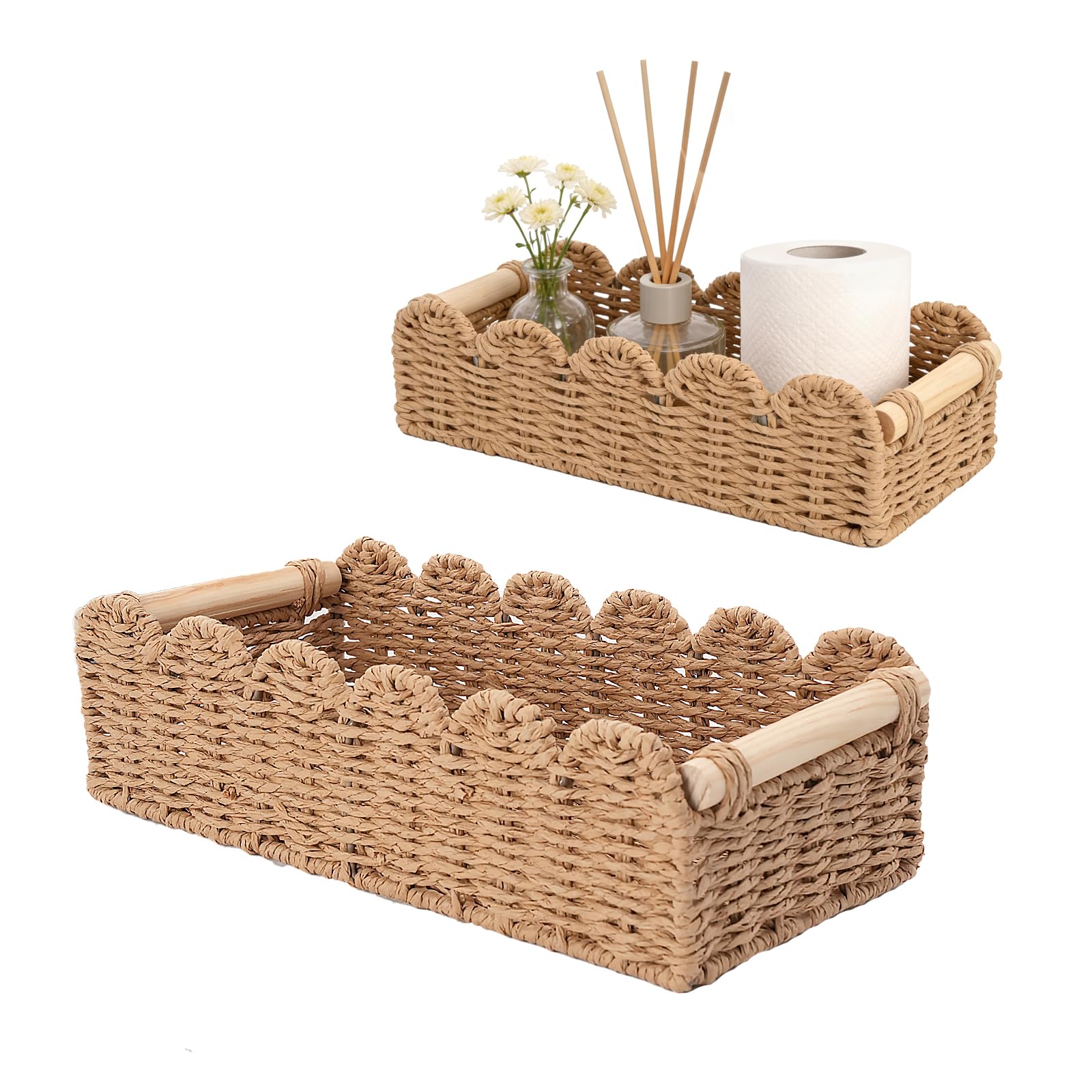 Photo 1 of 2 Pack Scalloped Edge Decor Storage Baskets, Woven Toilet Organizer Basket with Wooden Handle, Paper Rope Wicker Basket for Over Toilet Storage Shelf, Bedroom