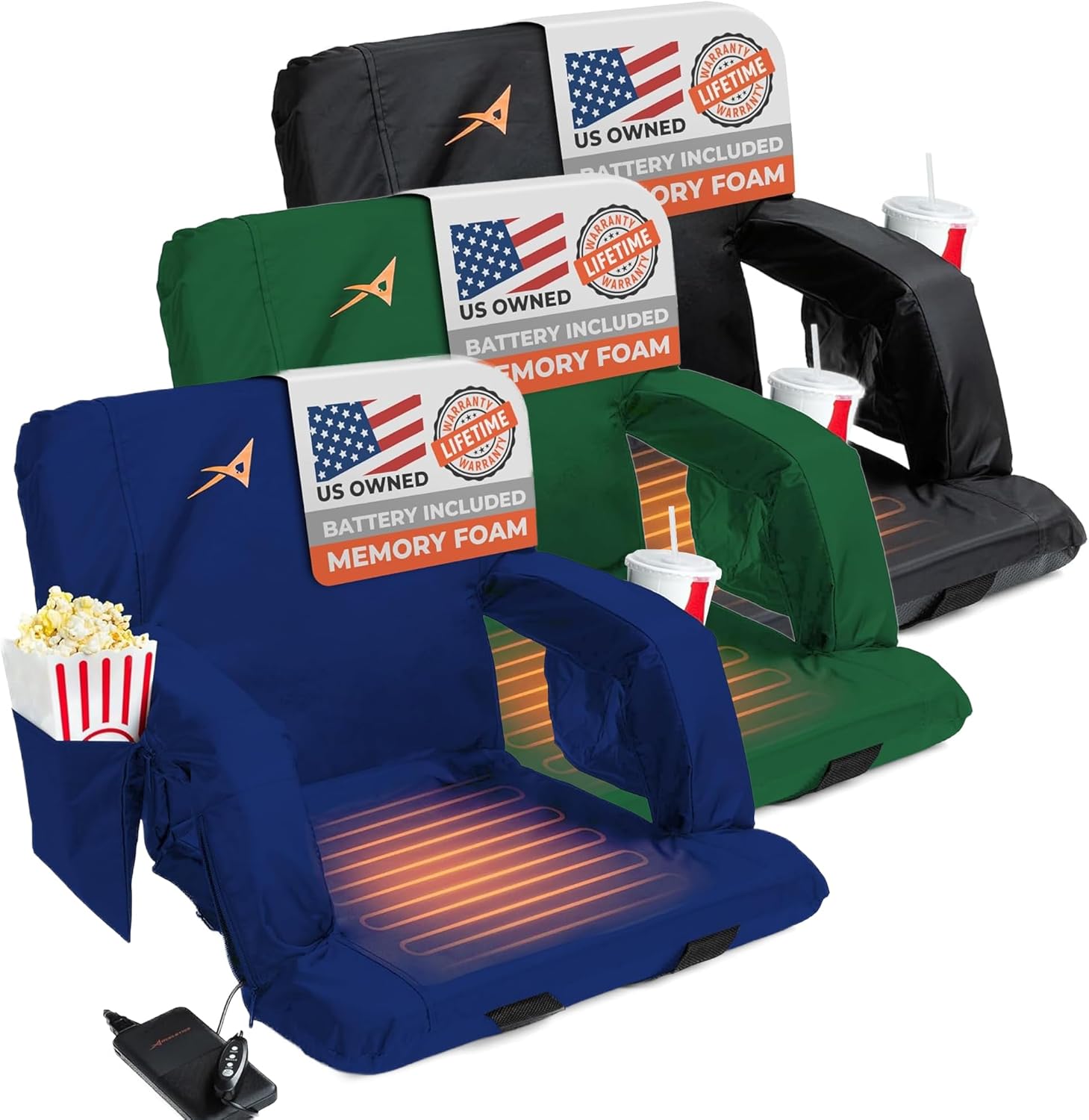 ACELETIQS Bundle of 3 x Heated Stadium Seat for Outdoor Sports | 20" Inches Wide Black & Hunter Green & Navy Blue Combo 3 Levels of Heat - Foldable Chair - 4 Pockets for Snacks, Cup Holder