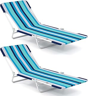 Costway 2 Pieces Outdoor Folding Chaise Lounge, 5-Position Lay Flat Beach Recliner with Carry Strap & Metal Frame, Portabl...