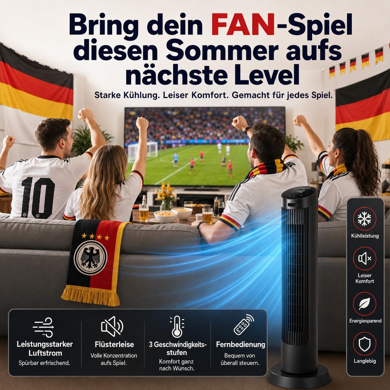 Olsen & Smith Turmventilator mit Fernbedienung | Leiser 27-dB-Ventilator fürs Schlafzimmer | 91 cm (36 Zoll) Standventilator 4 Geschwindigkeitsstufen, 7,5 m/s Oszillationsfunktion mit 12-Stunden-Timer