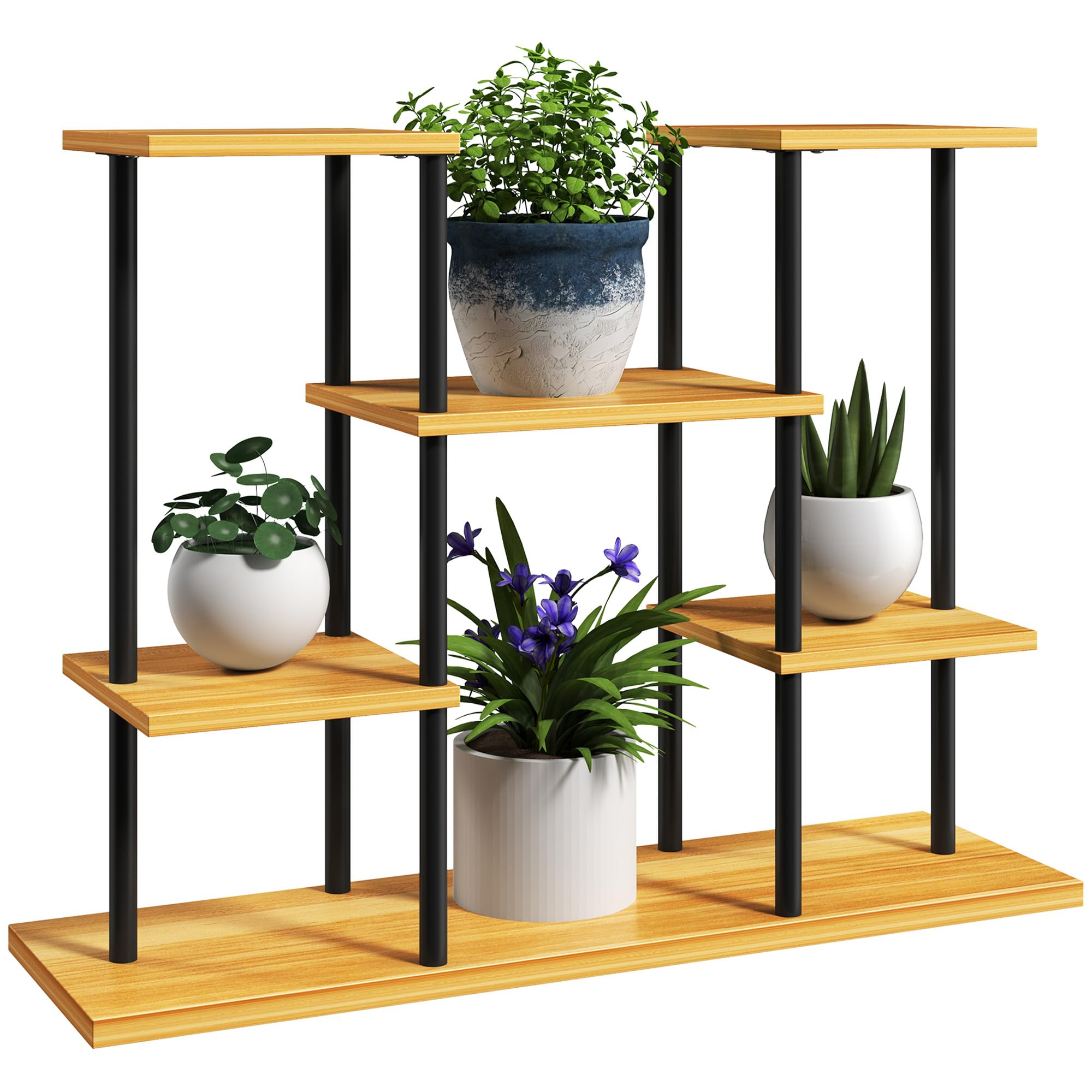 Outsunny Soporte para plantas de interior, estante para plantas de 6 niveles, estructura de acero con base de madera maciza, soporte para plantas para salón, balcón, jardín, madera natural