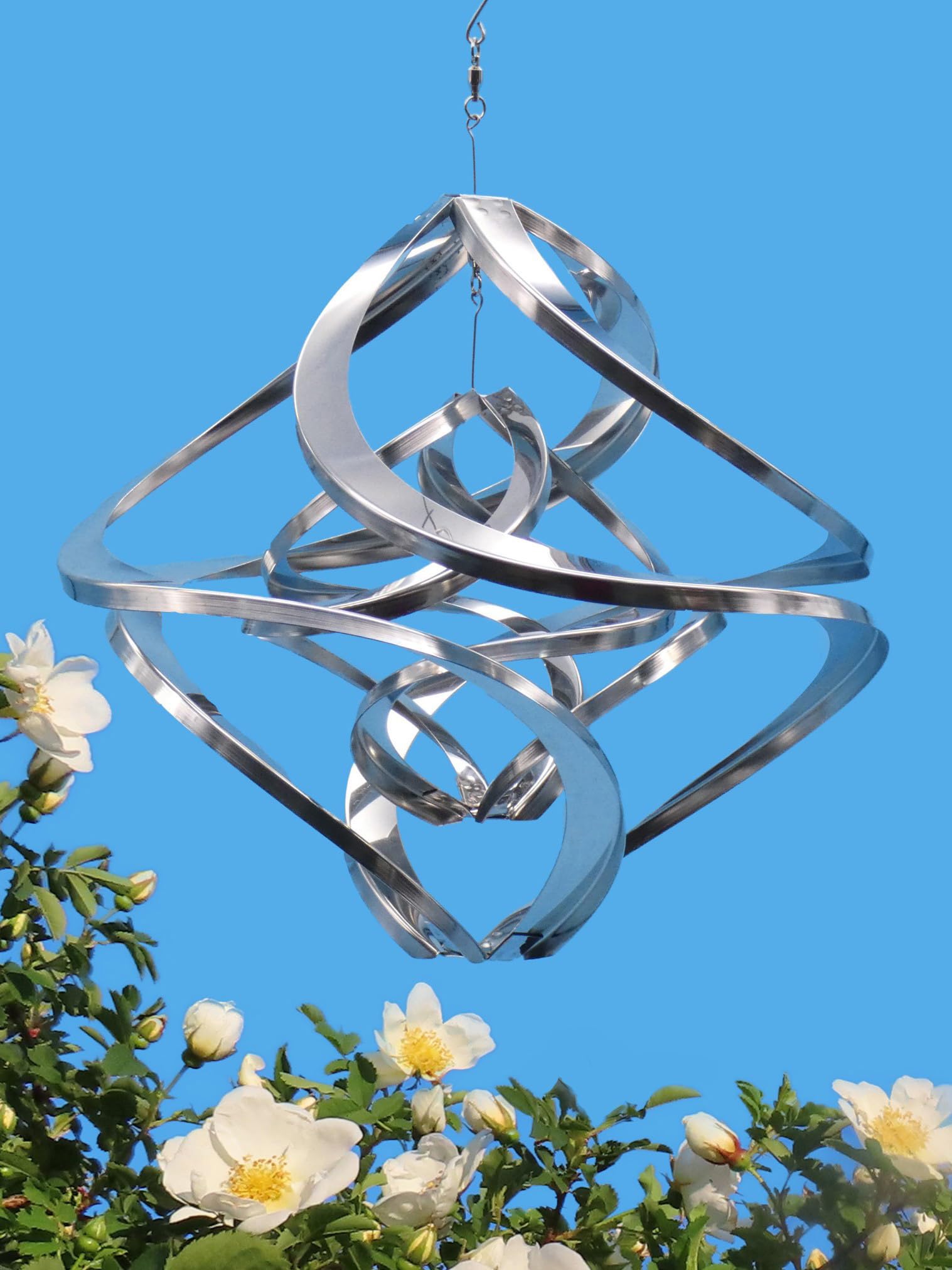 Pommerntraum ®| Edelstahlwindspiel Winddancer Twister Rostfrei Windskulptur | Windspiel Edelstahl Double-Twister Gartendekoration Gartenkunst Hängewindspiel Sonnenfänger Balancer (30 cm ohne Kristall XL)
