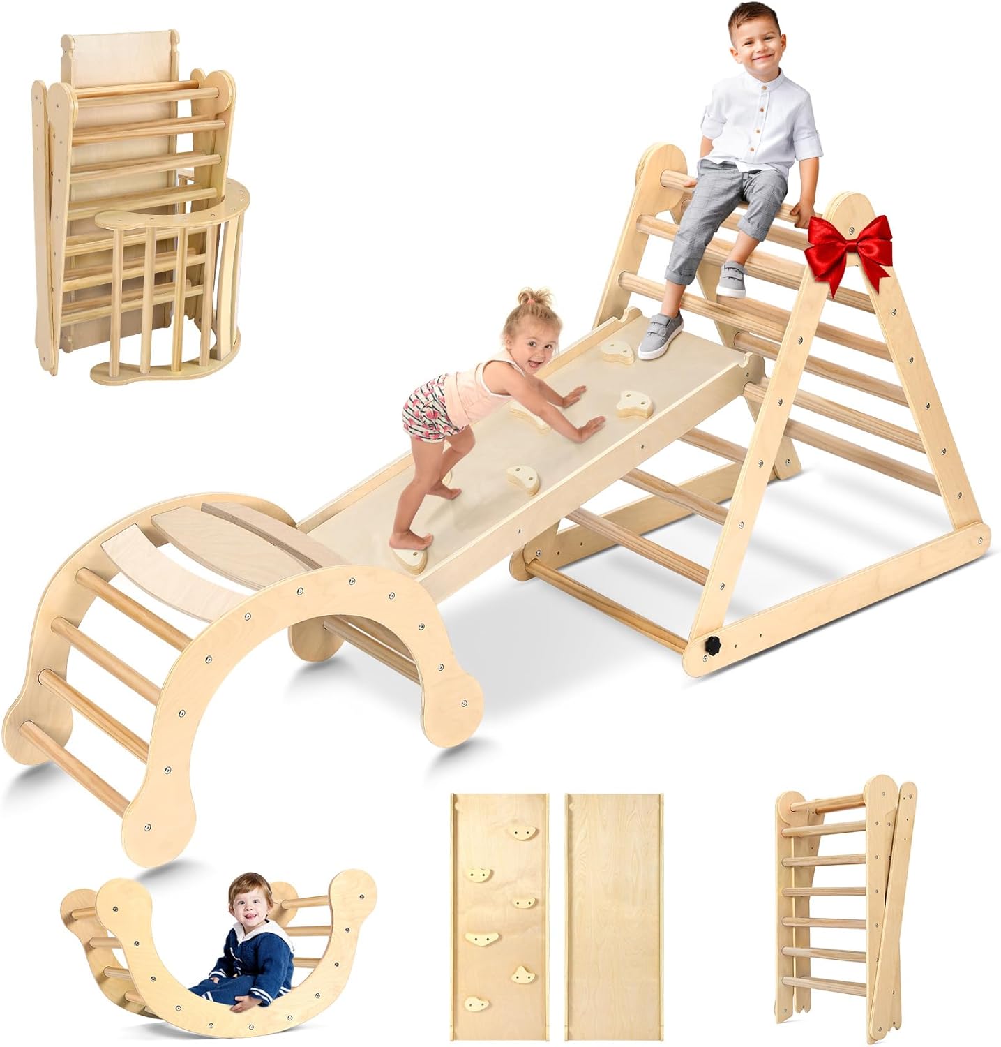 YOLEO Large Pikler Triangle Set 7-in-1, Montessori Climbing Toys for 1+ Year Old w/t Sturdy Base and Adjustable Height, Quick-Fold Toddler Climbing Toys Indoor Playground and Fun Jungle Gym for Kids