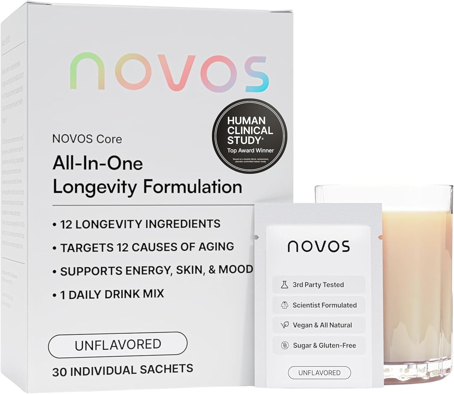 Novos Core Clinical Longevity Mix | Anti-Aging Supplement Drink Mix for Men & Women | Magnesium, L-Theanine, Fisetin and More | Supports Energy, Mood, Sleep & Cognition | Unflavored (30 Servings)