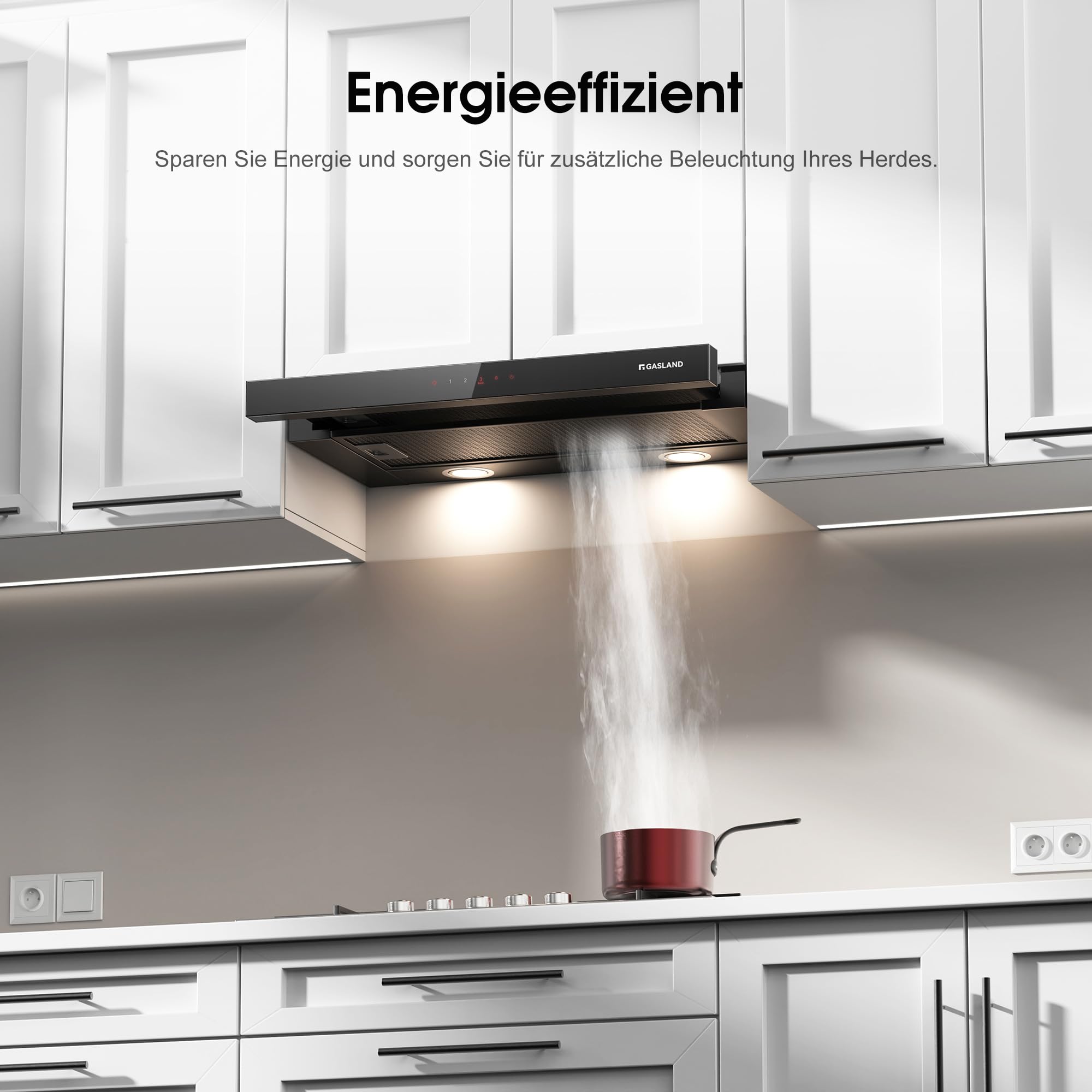 GASLAND BR60BS A++ okap wyciągowy 60 cm Umluft, szklany przód z czujnikiem dotykowym, wbudowany okap 566 m³/h, czarny cichy kaptur z filtrem węglowym CF176
