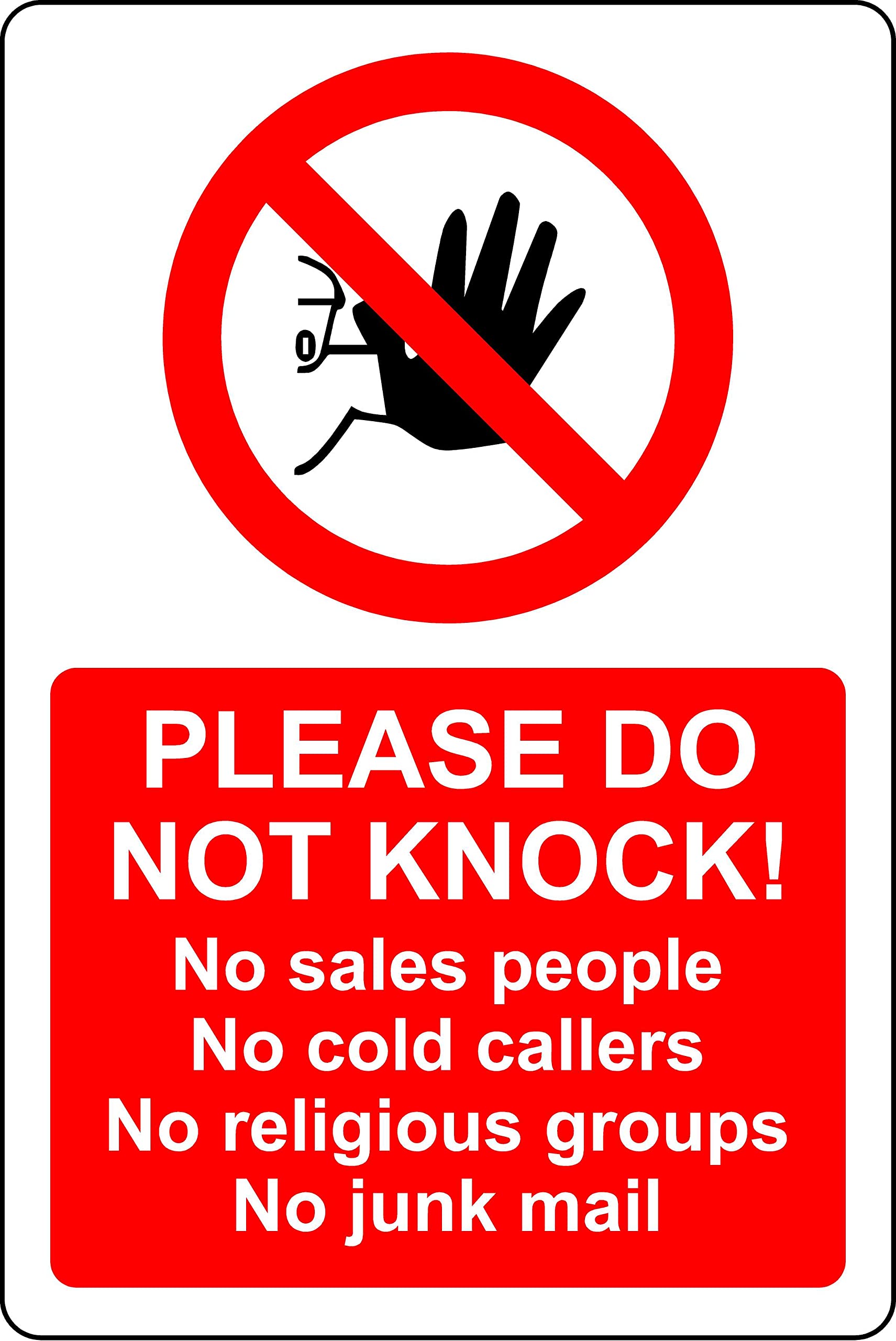 Please do not knock no sales people, no cold callers, no junk mail door privacy sign - Self adhesive sticker (400mm x 300mm)
